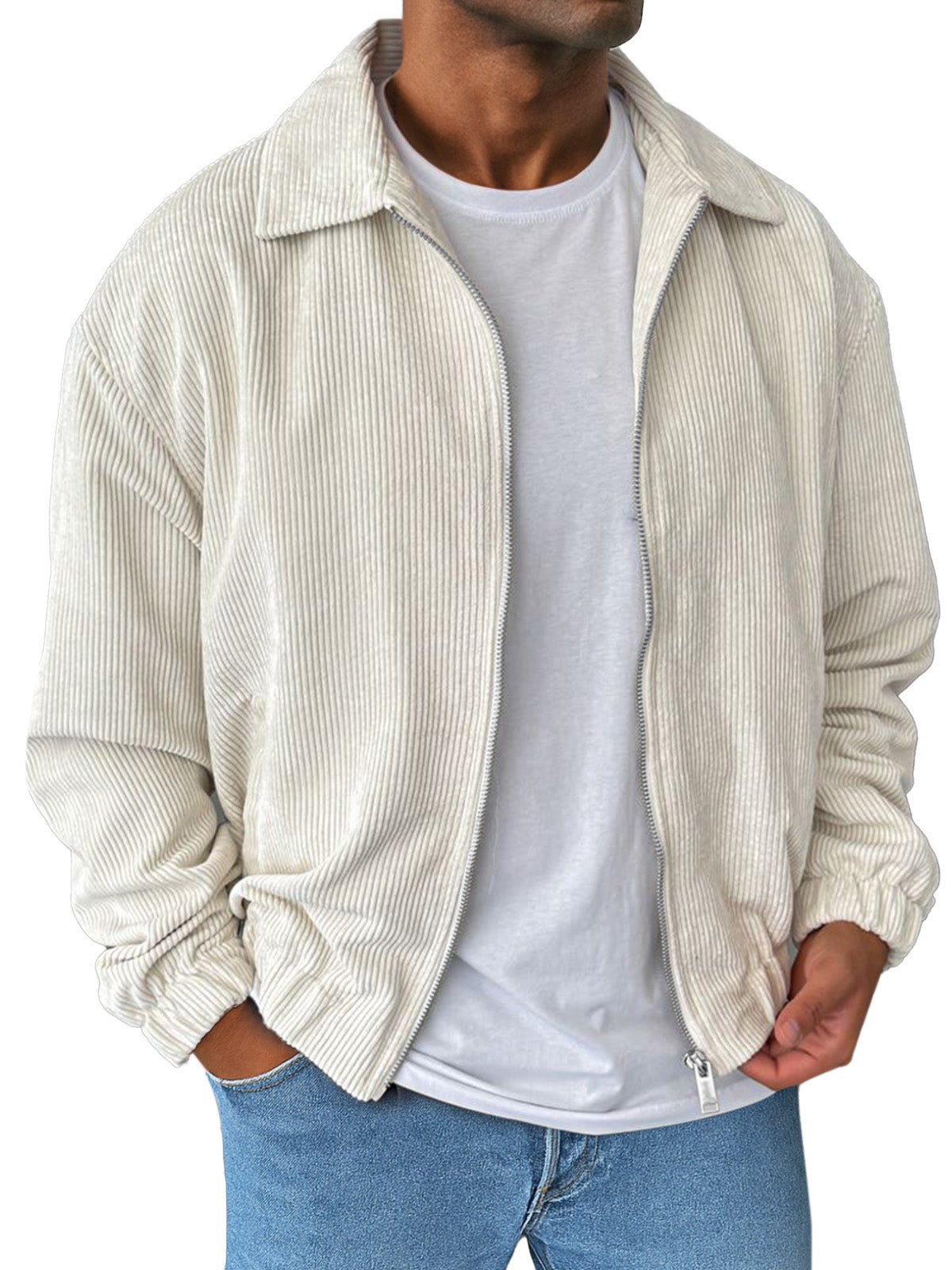 Men's Simple And Comfortable Solid Color Corduroy Lapel Long Sleeve Zipper Jacket