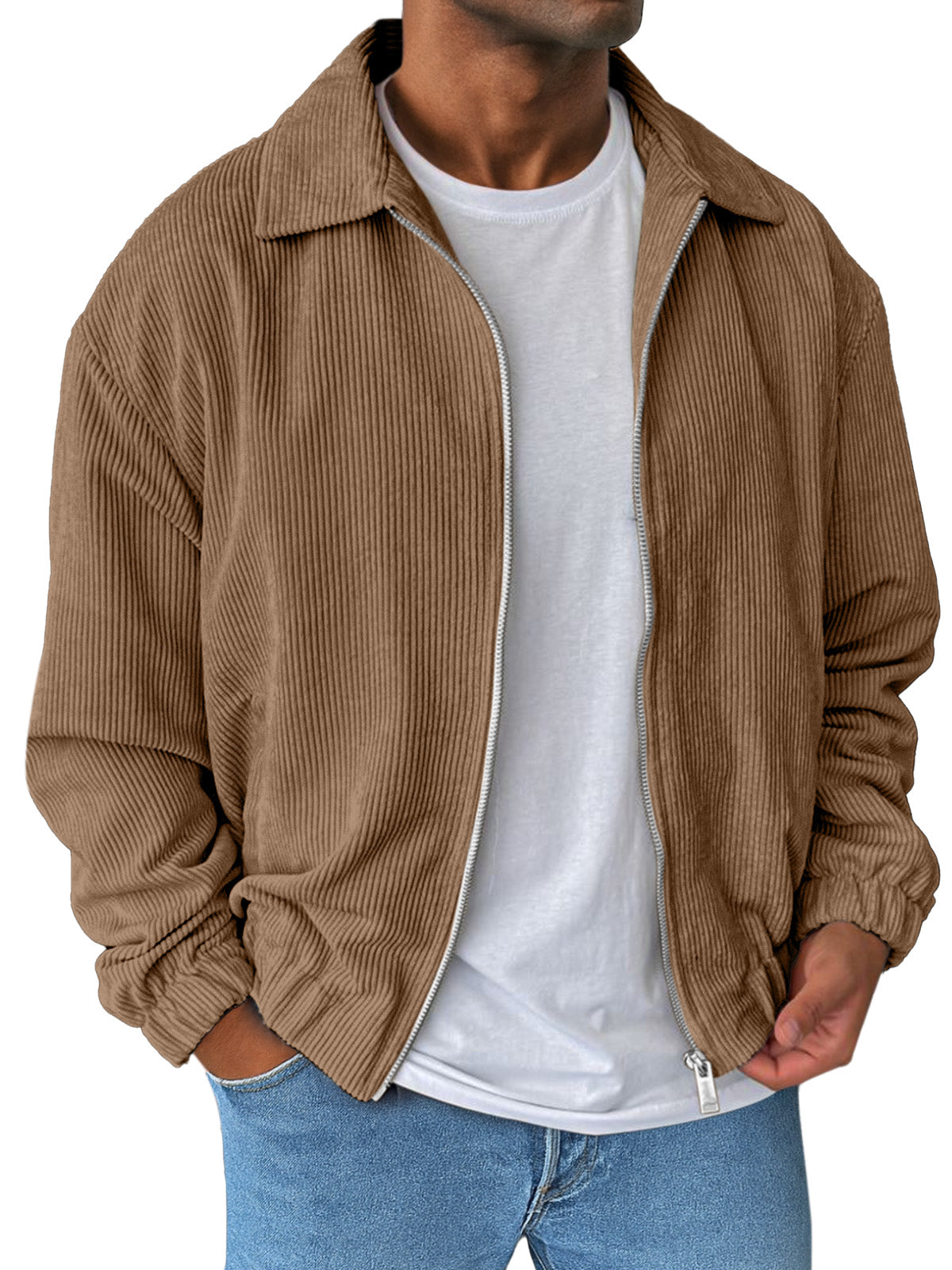 Men's Simple And Comfortable Solid Color Corduroy Lapel Long Sleeve Zipper Jacket