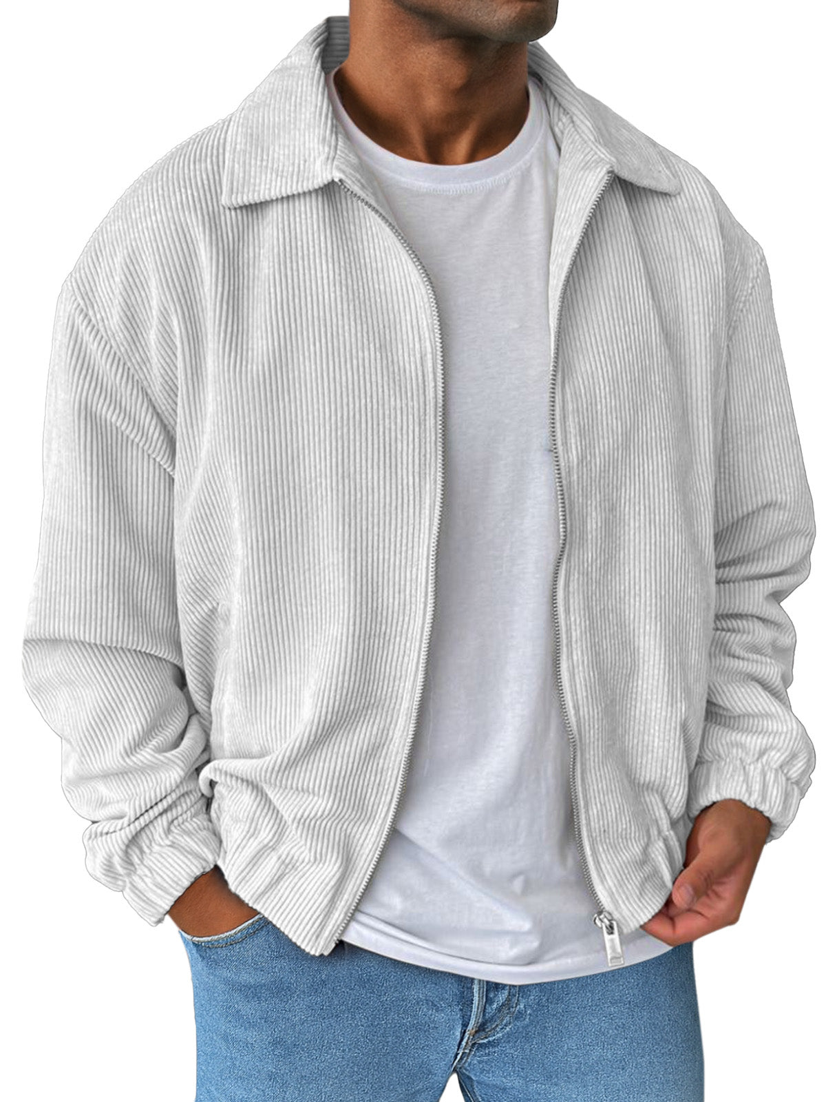 Men's Simple And Comfortable Solid Color Corduroy Lapel Long Sleeve Zipper Jacket