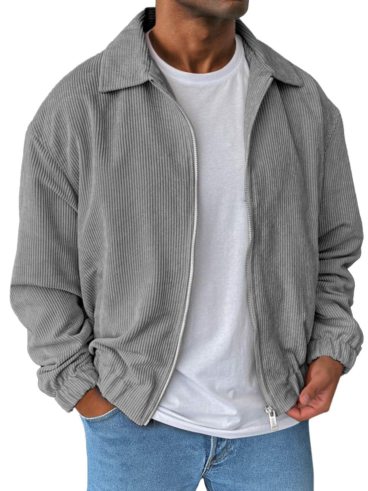 Men's Simple And Comfortable Solid Color Corduroy Lapel Long Sleeve Zipper Jacket
