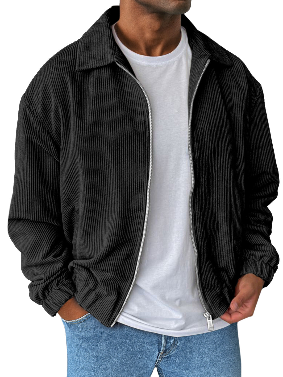 Men's Simple And Comfortable Solid Color Corduroy Lapel Long Sleeve Zipper Jacket