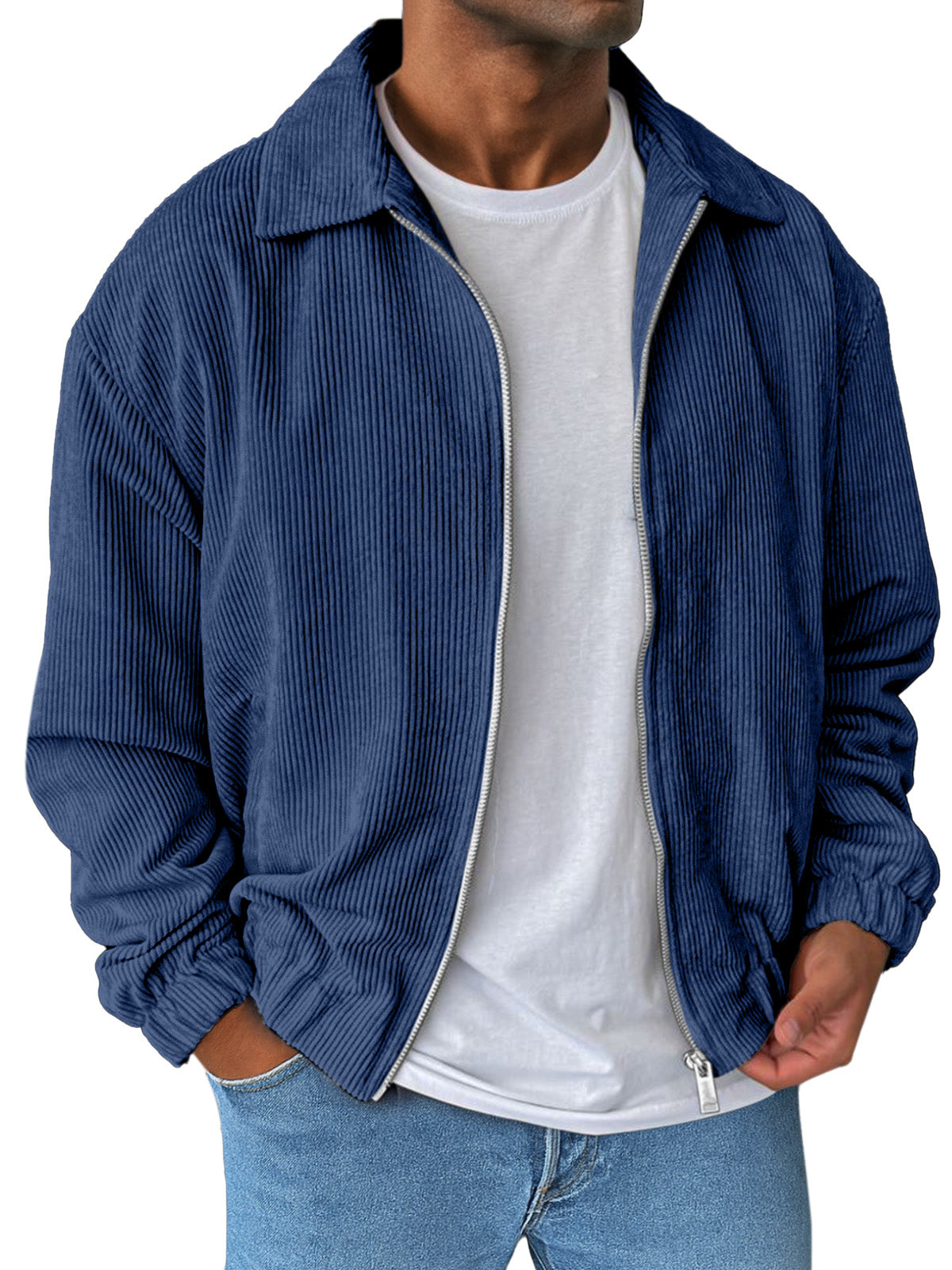 Men's Simple And Comfortable Solid Color Corduroy Lapel Long Sleeve Zipper Jacket