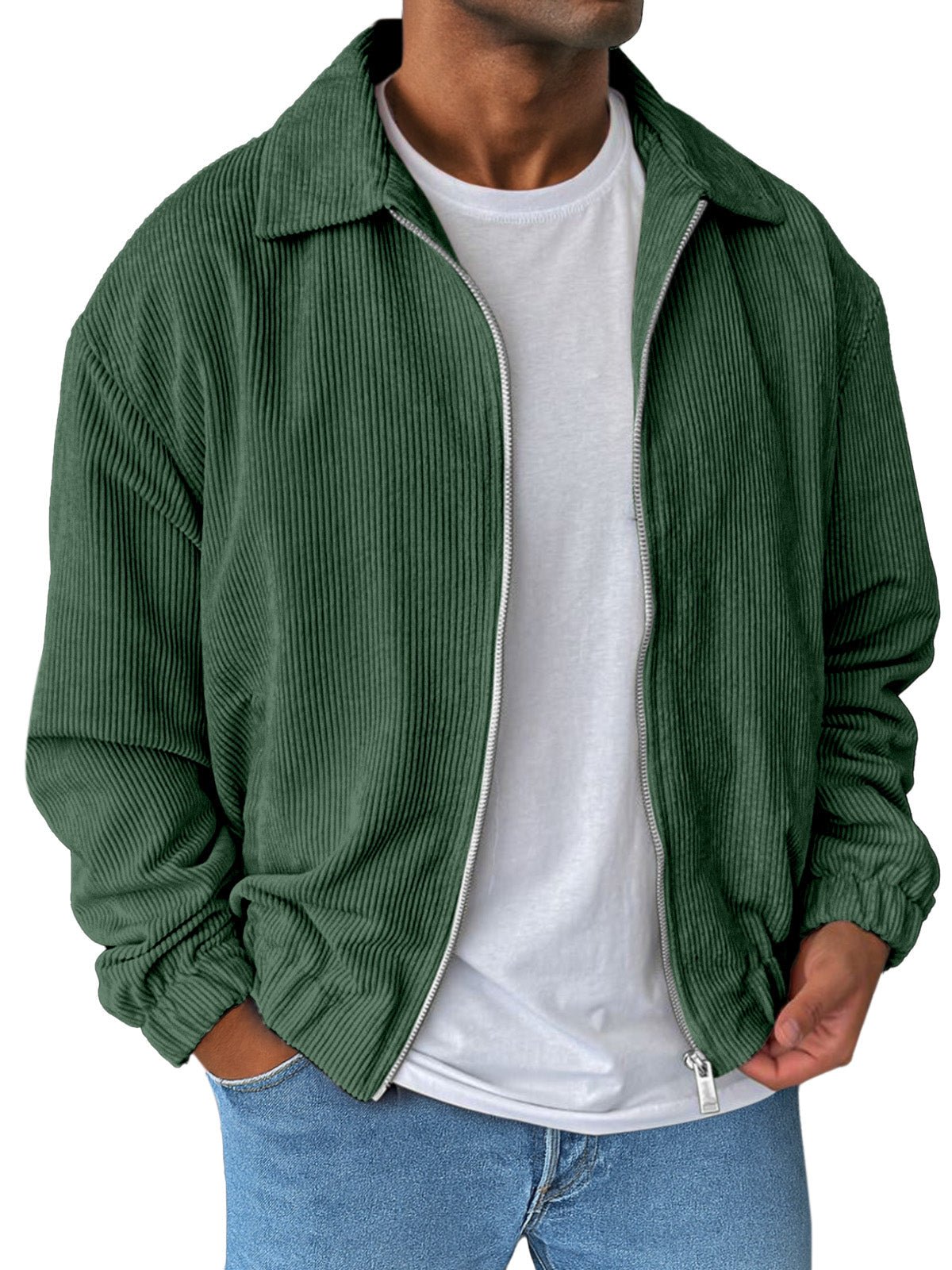 Men's Simple And Comfortable Solid Color Corduroy Lapel Long Sleeve Zipper Jacket