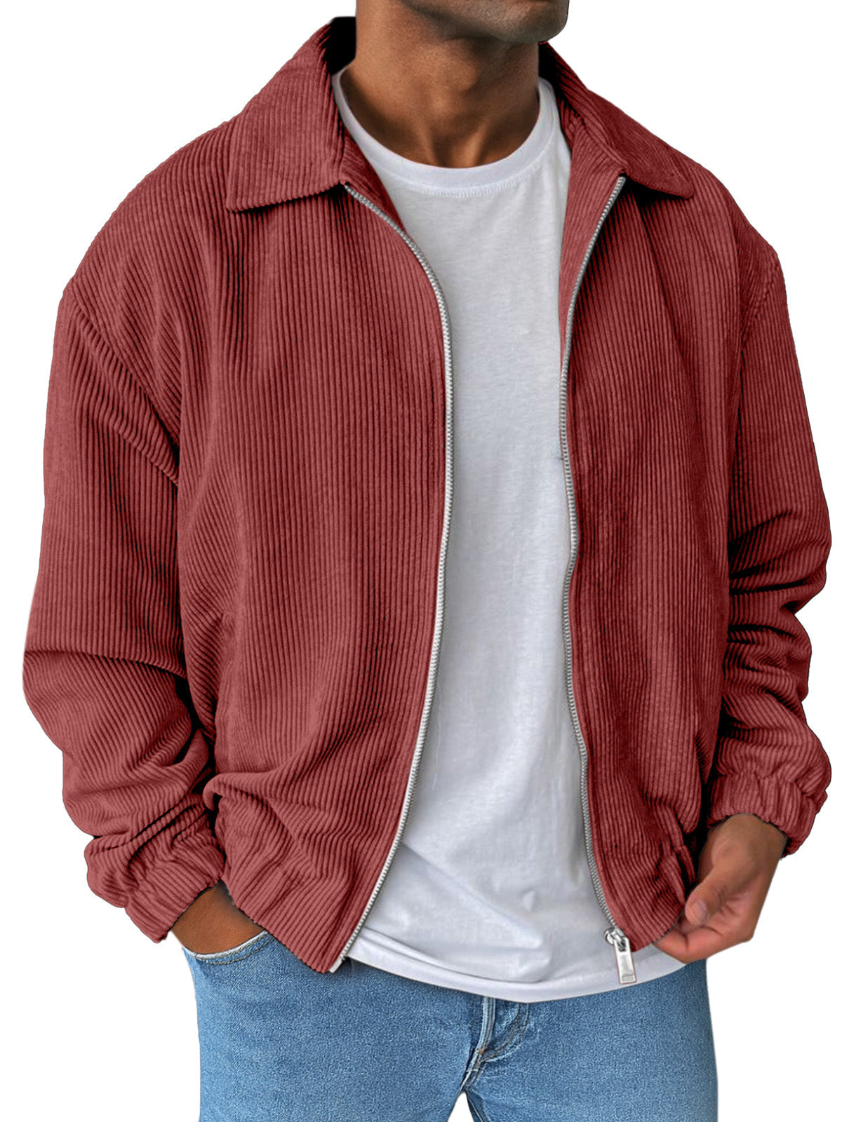 Men's Simple And Comfortable Solid Color Corduroy Lapel Long Sleeve Zipper Jacket
