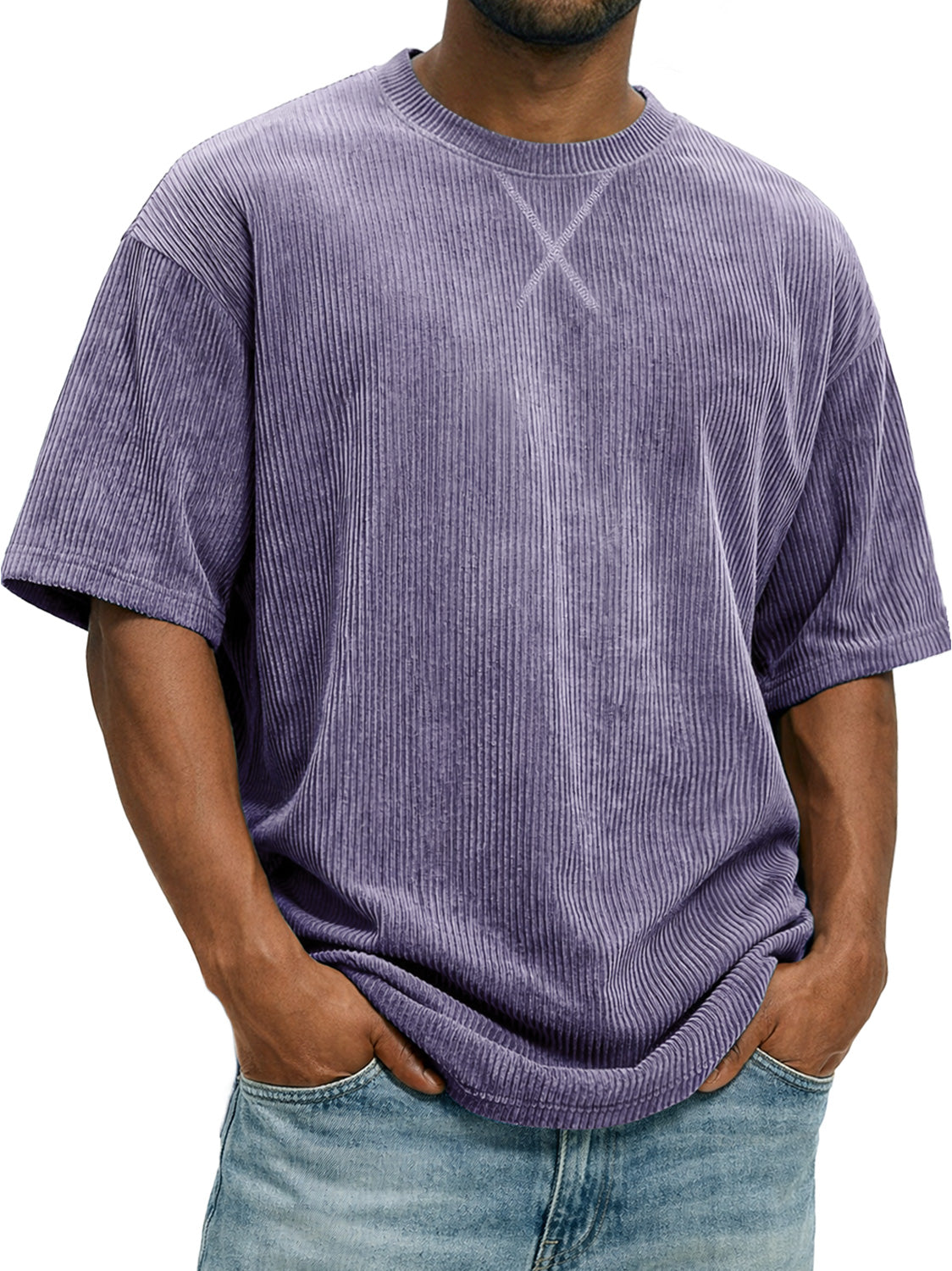 Men's Vintage Corduroy Short-sleeved T-shirt With Cross-stitch Design