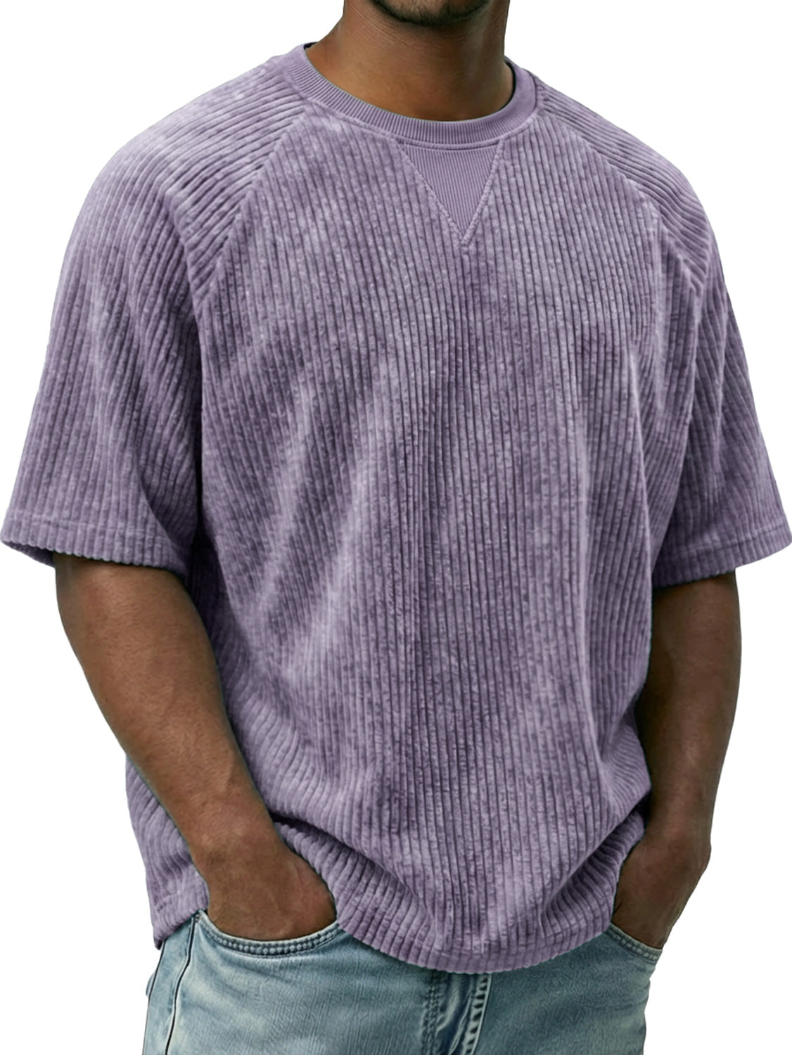 Men's Vintage Corduroy Crew Neck Short-sleeved T-shirt With Inverted Triangle Desi