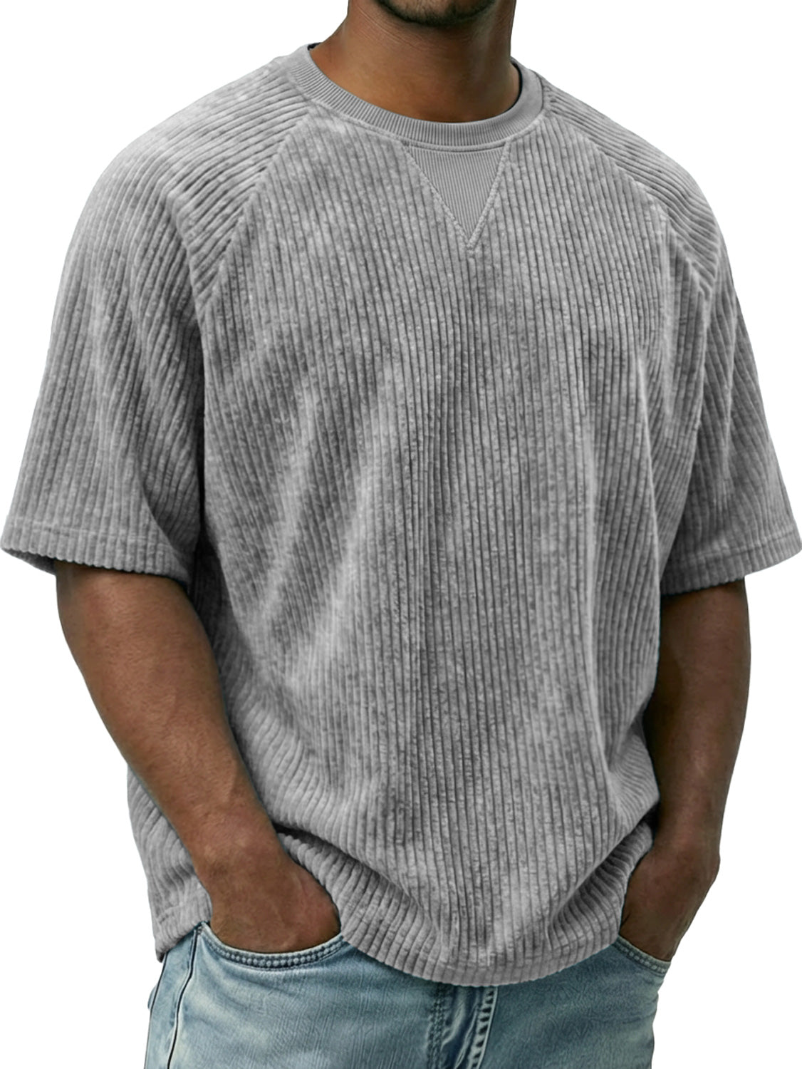 Men's Vintage Corduroy Crew Neck Short-sleeved T-shirt With Inverted Triangle Desi
