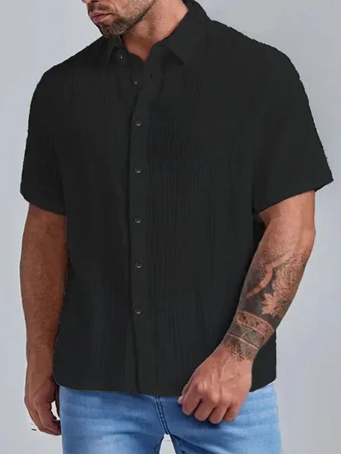 Men's Casual Solid Color Cotton Linen Casual Short Sleeve Shirt