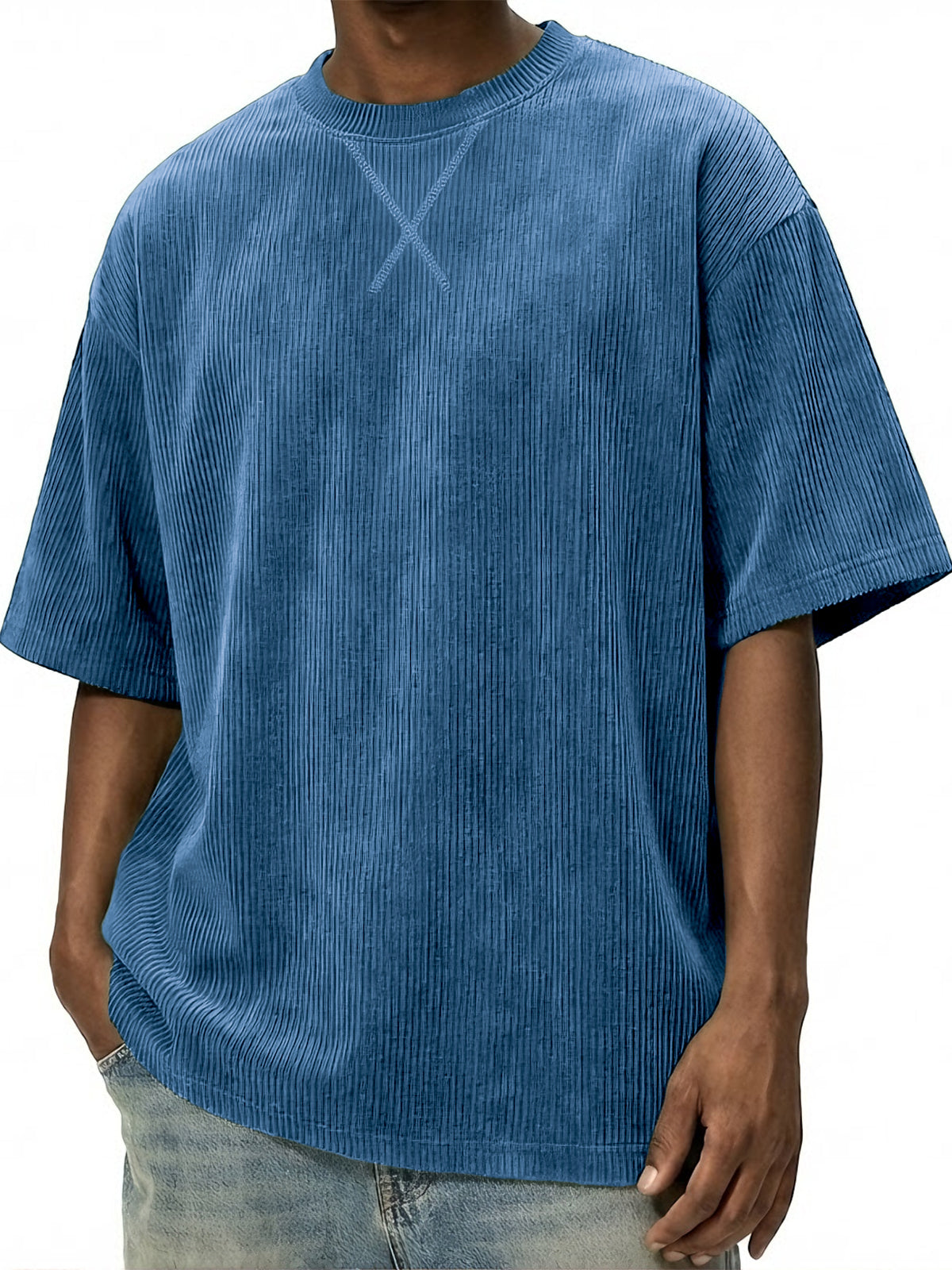 Men's Vintage Stylish Corduroy Patchwork Basic Pullover T-shirt