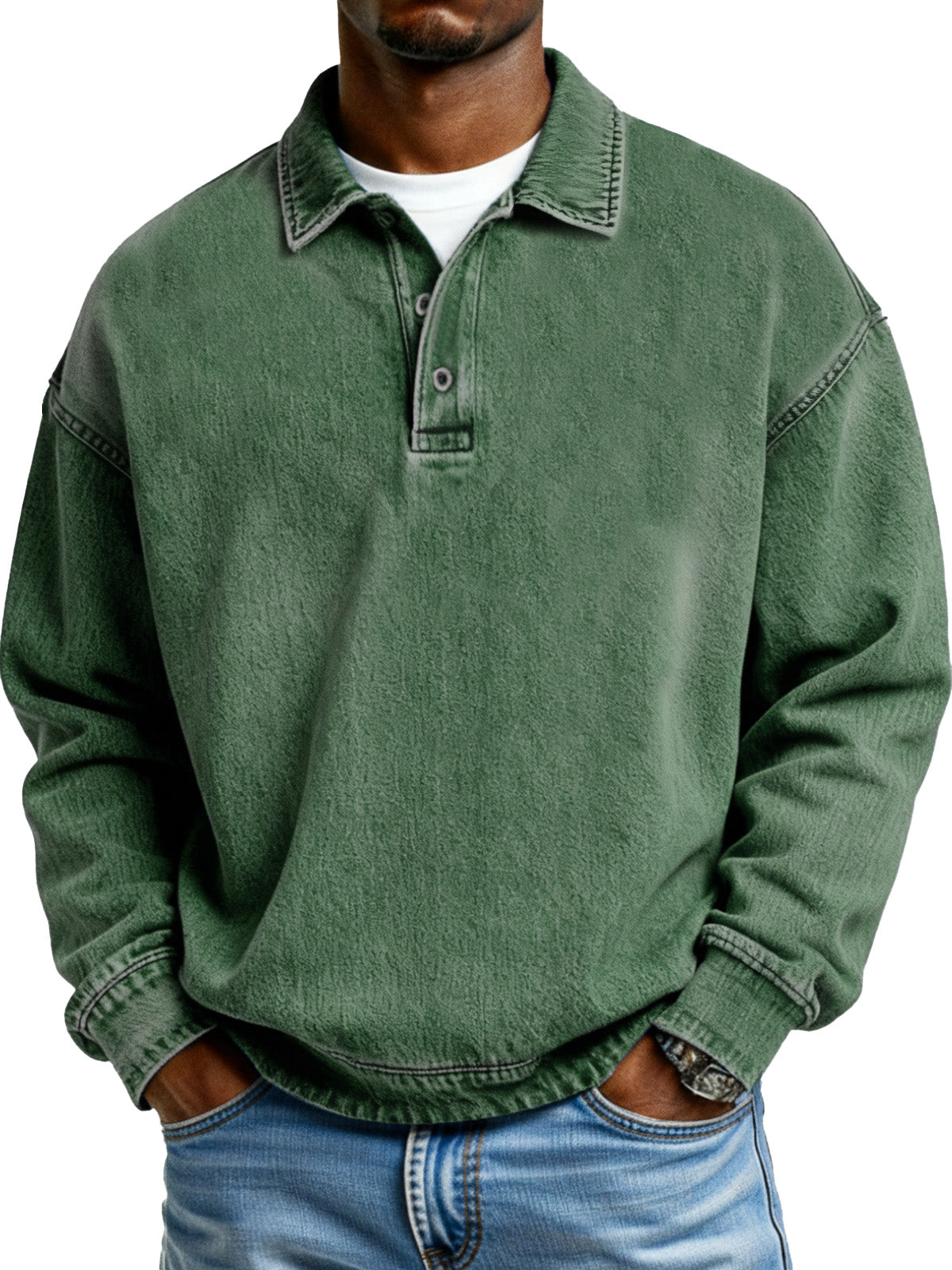 Retro Solid Color Simple Button Lapel Long Sleeve Polo Shirt