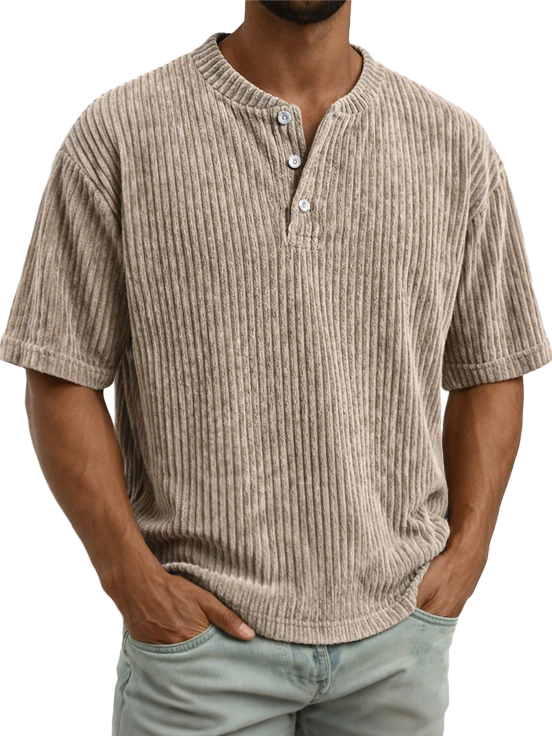 Men's Vintage Corduroy Casual Solid Color Short-sleeved Henley Shirt
