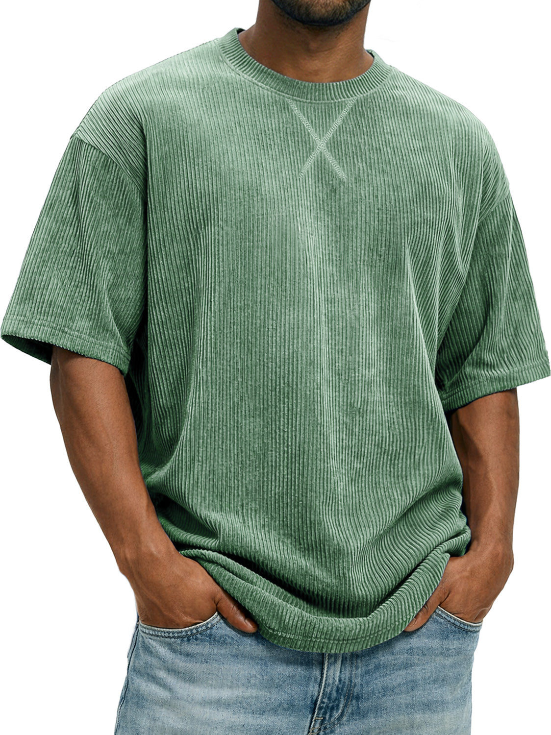 Men's Vintage Corduroy Short-sleeved T-shirt With Cross-stitch Design