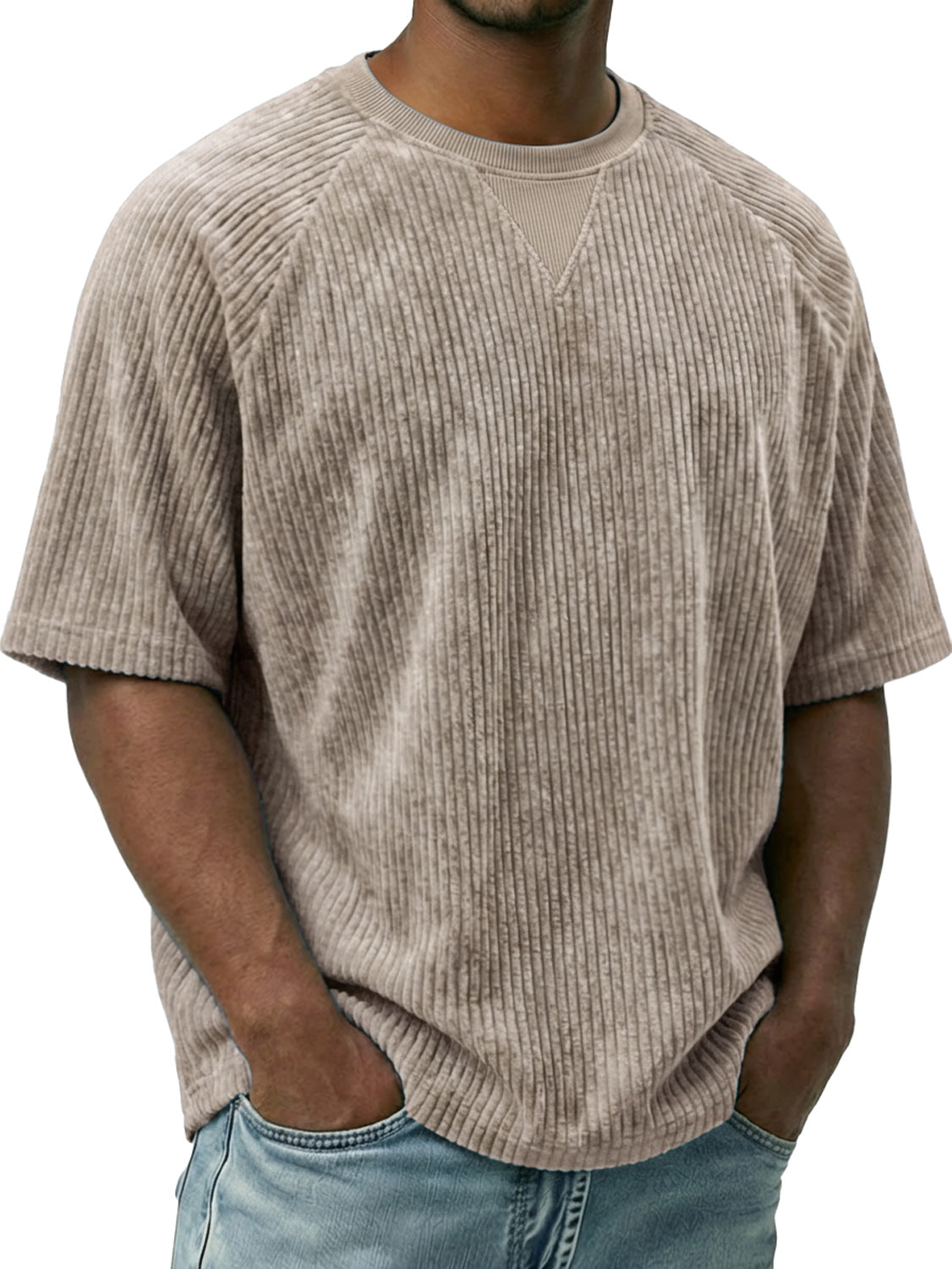 Men's Vintage Corduroy Crew Neck Short-sleeved T-shirt With Inverted Triangle Desi