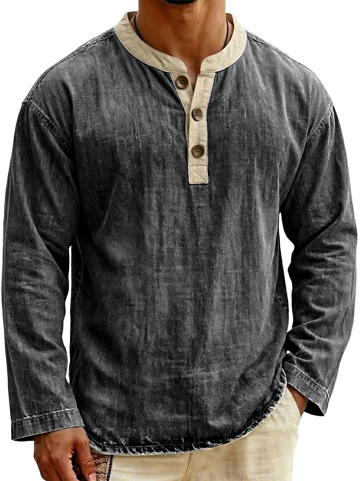 Men's Stylish Vintage Color-blocked Collar Pullover Henley Top