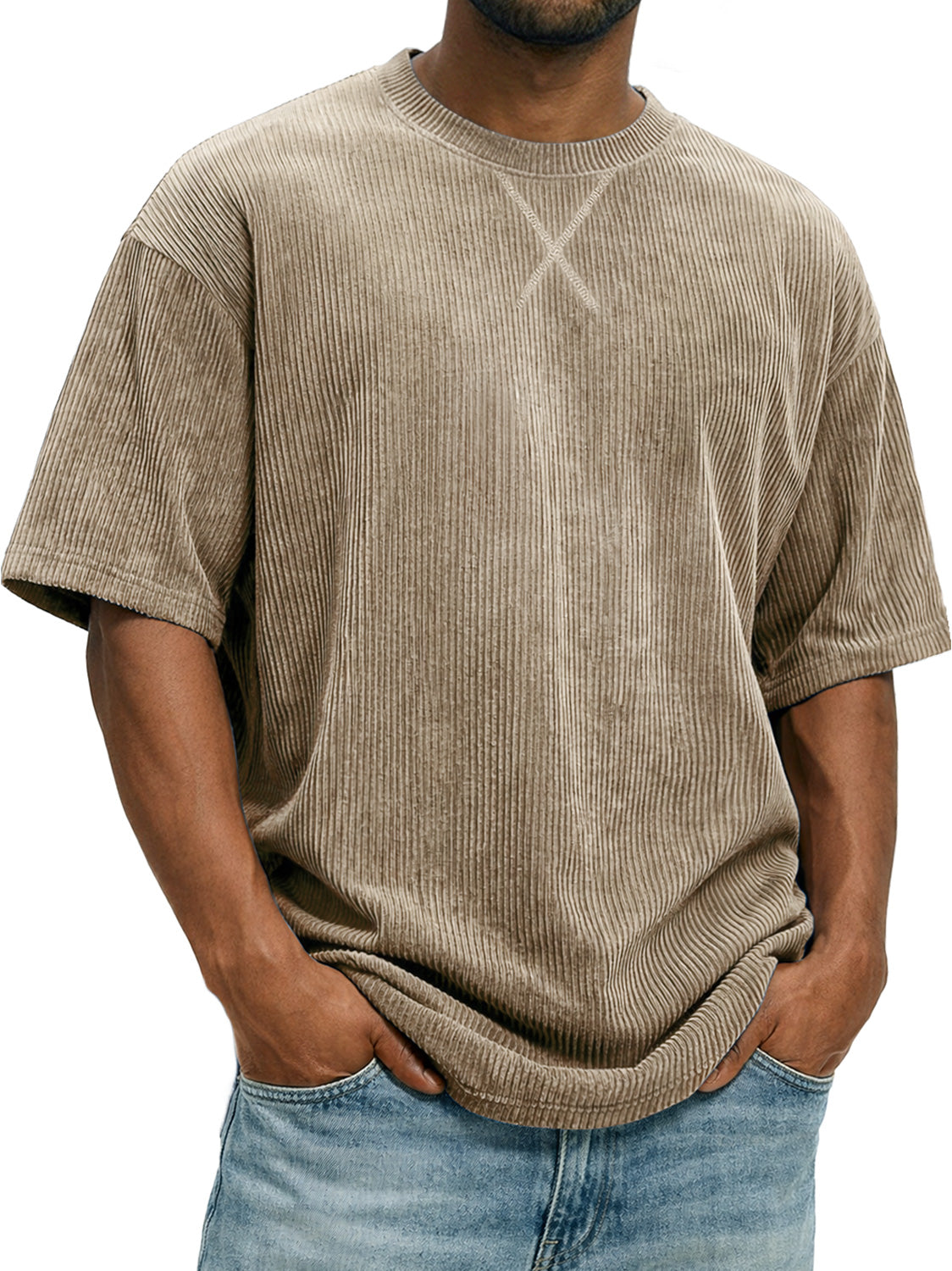 Men's Vintage Corduroy Short-sleeved T-shirt With Cross-stitch Design