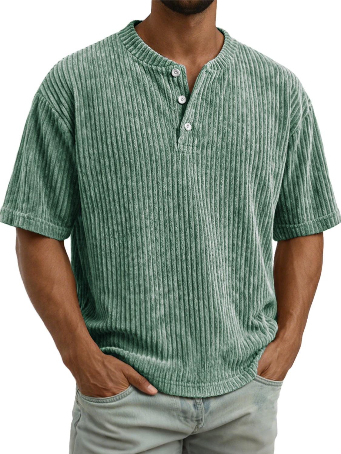 Men's Vintage Corduroy Casual Solid Color Short-sleeved Henley Shirt