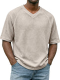 Men's Waffle-knit V-neck Raglan Sleeve Casual Solid Color Short-sleeved Shirt