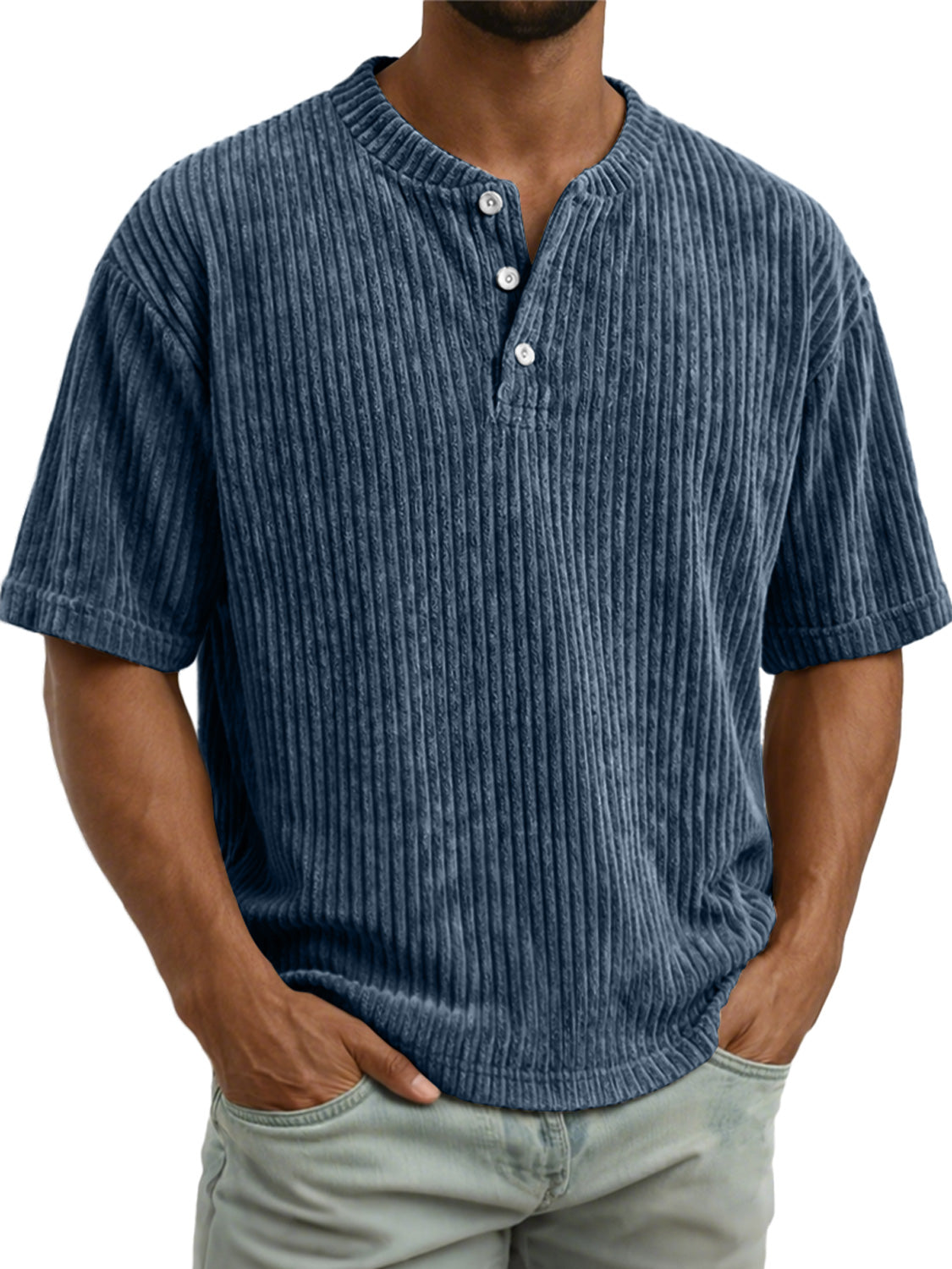 Men's Vintage Corduroy Casual Solid Color Short-sleeved Henley Shirt