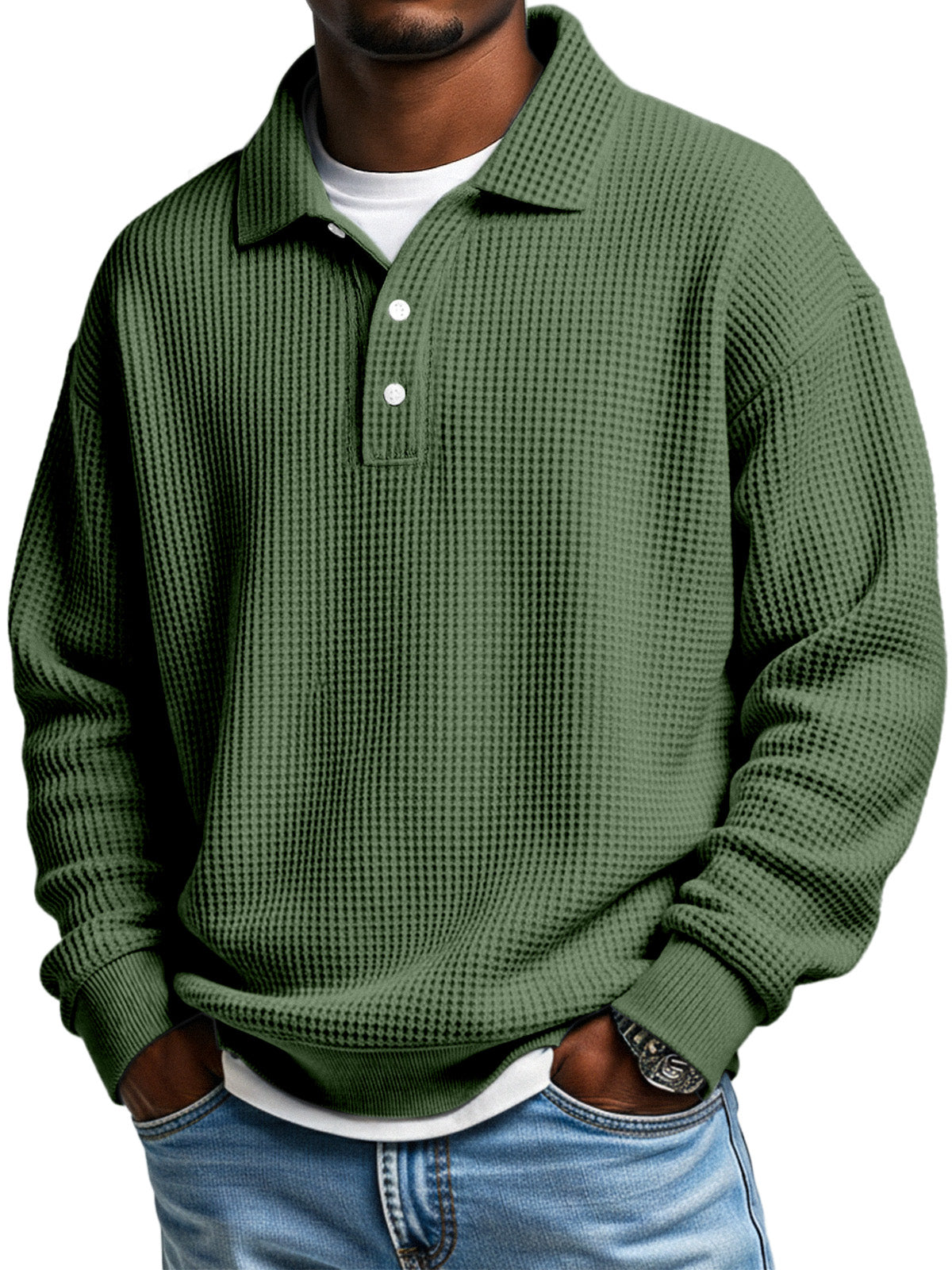 Men's Daily Loose Simple Waffle Lapel Button Long Sleeve POLO Shirt