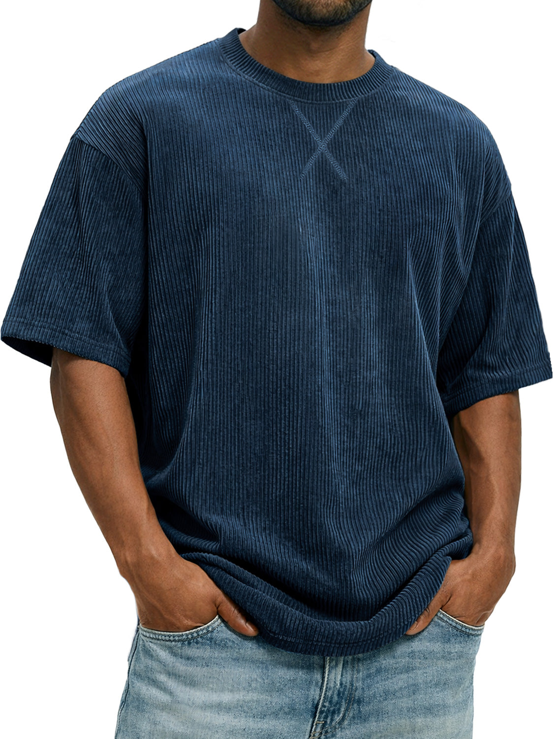 Men's Vintage Corduroy Short-sleeved T-shirt With Cross-stitch Design