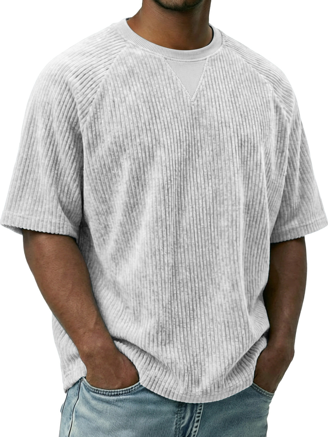 Men's Vintage Corduroy Crew Neck Short-sleeved T-shirt With Inverted Triangle Desi
