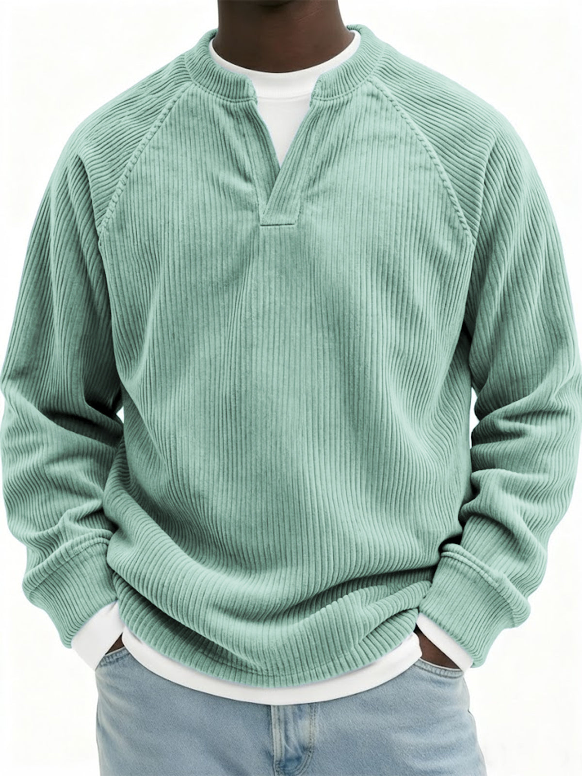 Men's Stylish Faux Two-Piece Corduroy Vintage Raglan Pullover Top