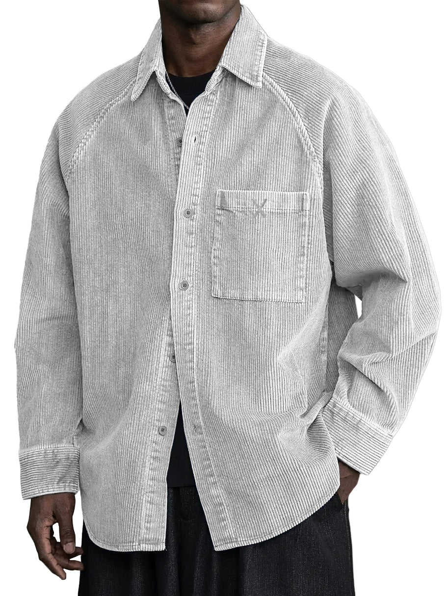 Men's Casual Vintage Pocket X Embroidered Corduroy Long Sleeved Shirt