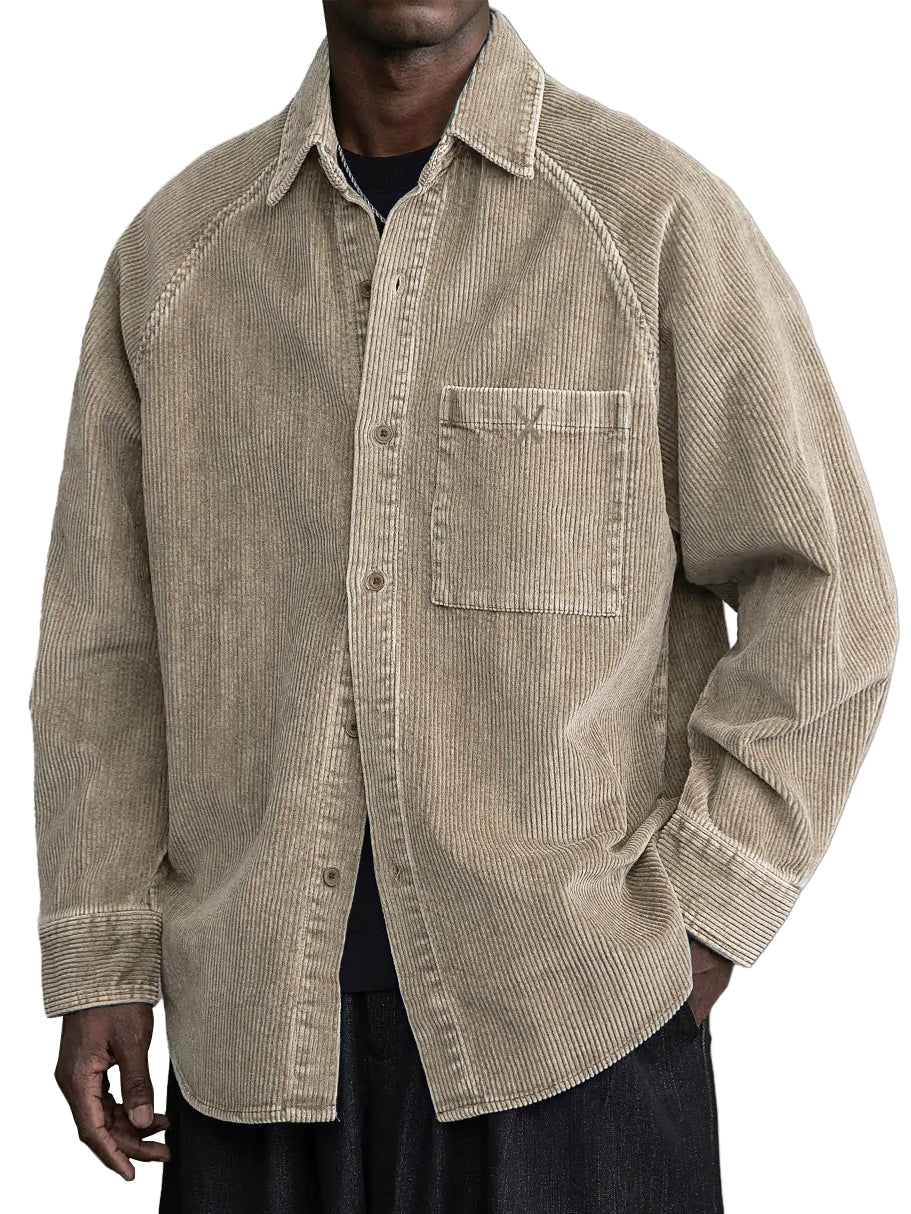 Men's Casual Vintage Pocket X Embroidered Corduroy Long Sleeved Shirt
