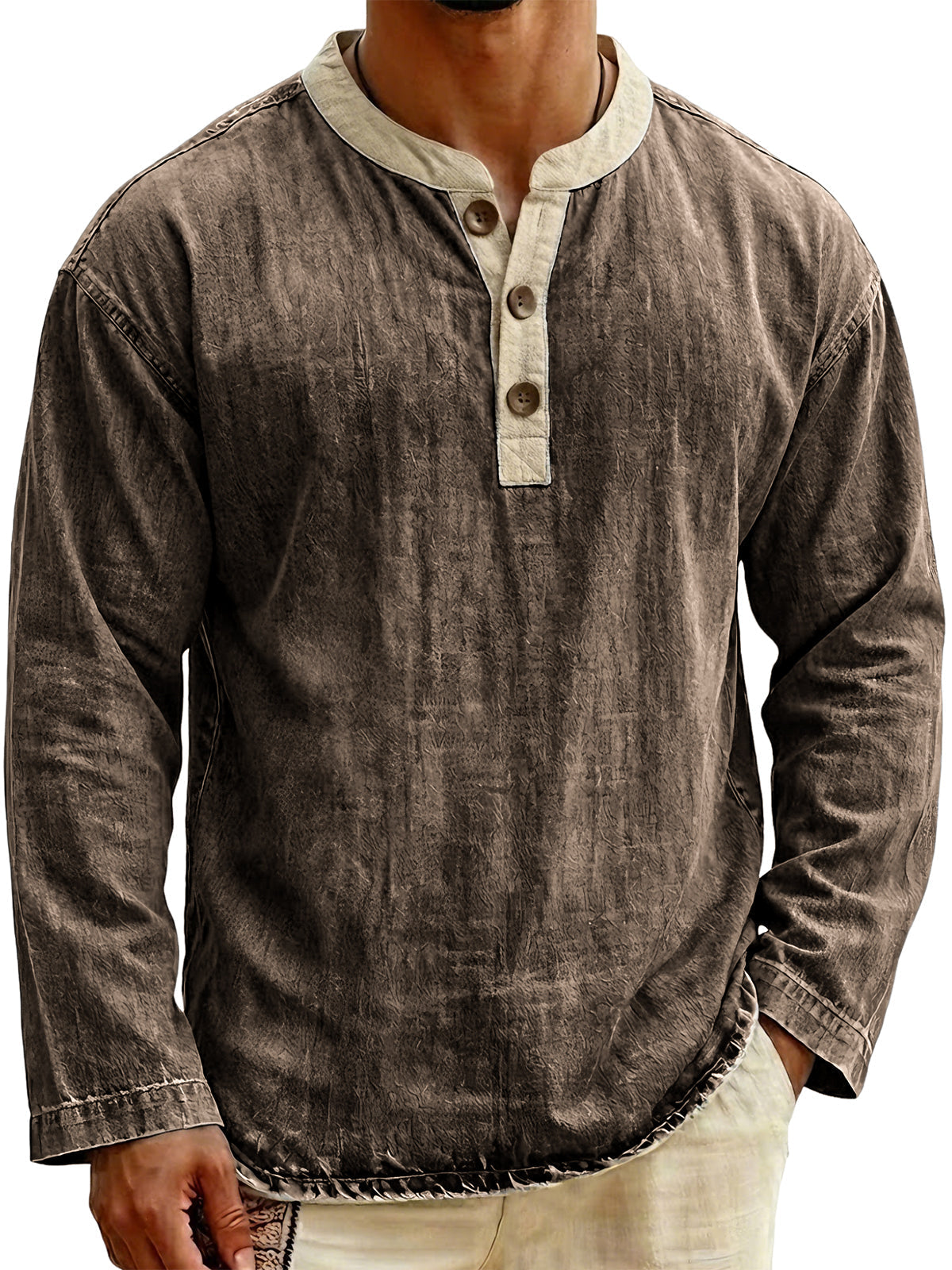 Men's Stylish Vintage Color-blocked Collar Pullover Henley Top