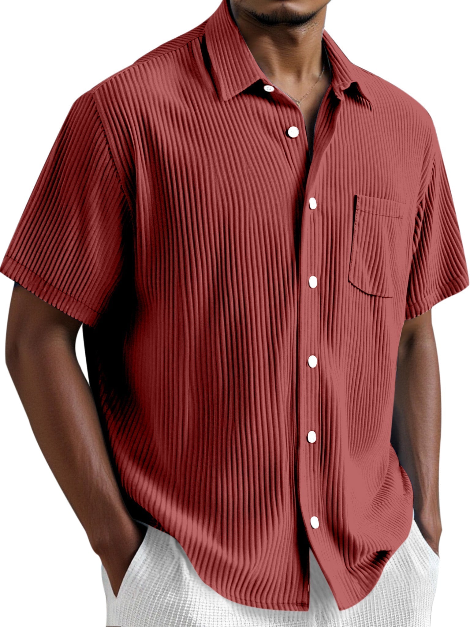 Men's Simple Solid Color Vertical Pit Short Sleeve Shirt