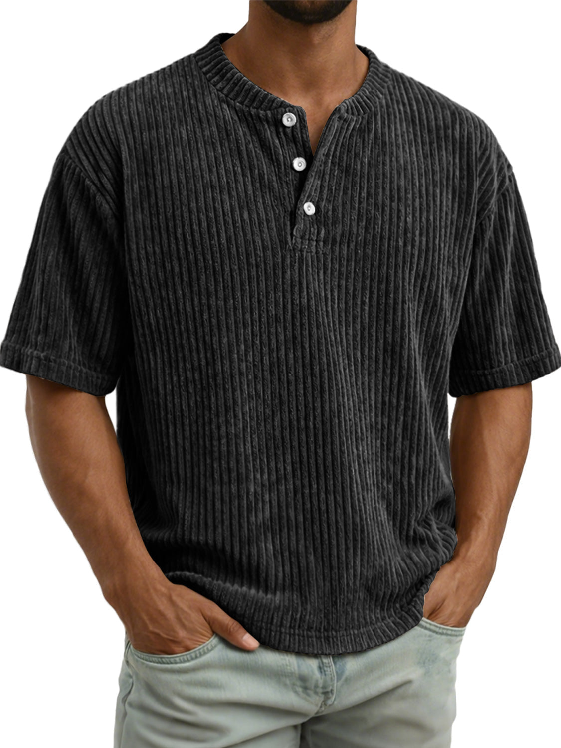 Men's Vintage Corduroy Casual Solid Color Short-sleeved Henley Shirt