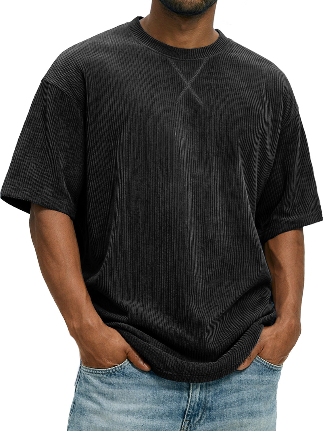 Men's Vintage Corduroy Short-sleeved T-shirt With Cross-stitch Design