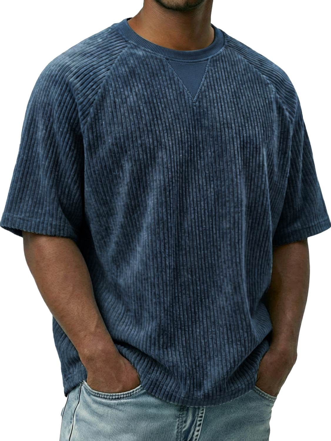 Men's Vintage Corduroy Crew Neck Short-sleeved T-shirt With Inverted Triangle Desi