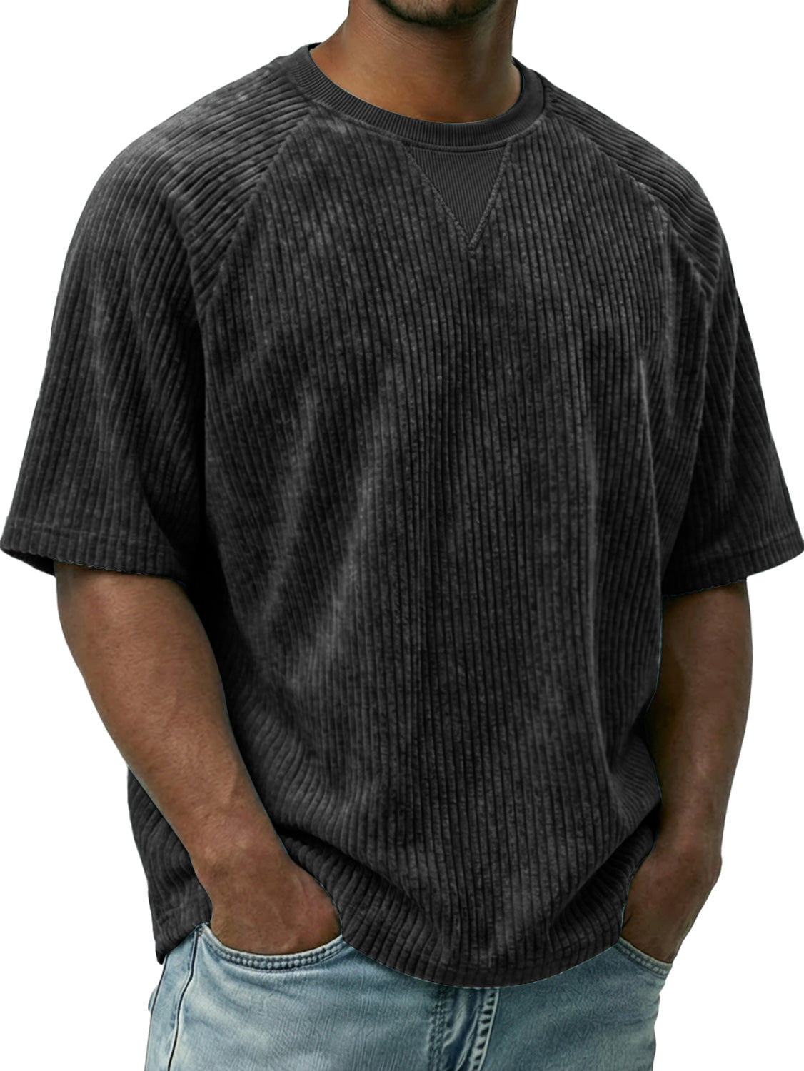 Men's Vintage Corduroy Crew Neck Short-sleeved T-shirt With Inverted Triangle Desi