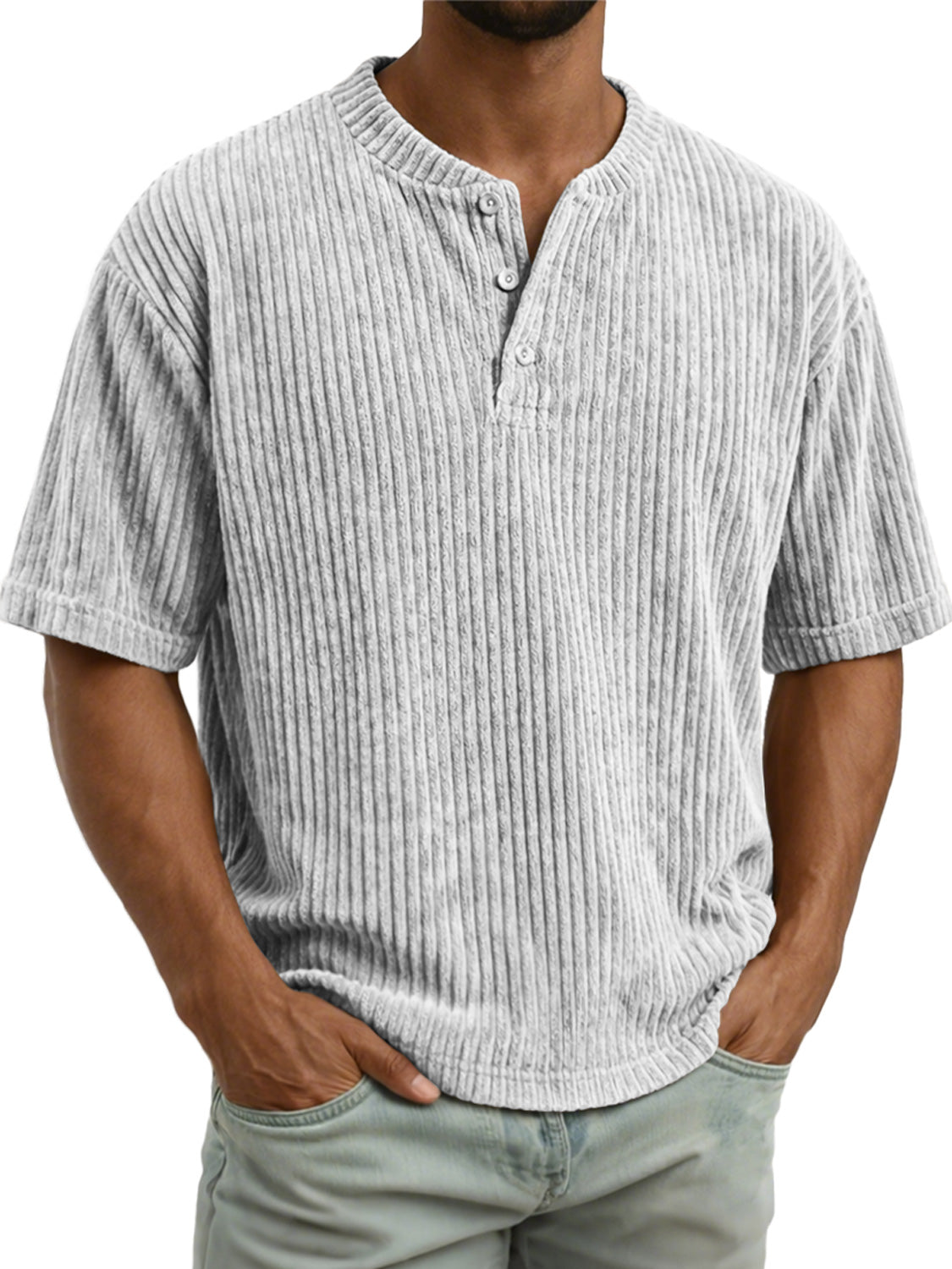 Men's Vintage Corduroy Casual Solid Color Short-sleeved Henley Shirt
