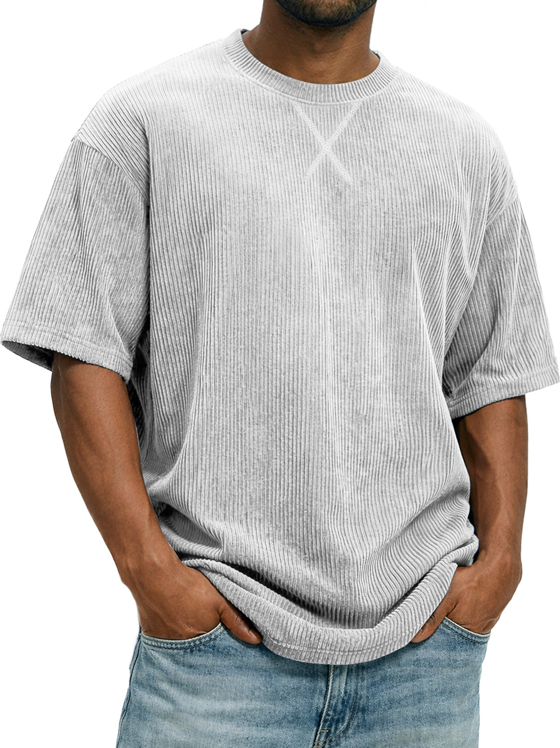 Men's Vintage Corduroy Short-sleeved T-shirt With Cross-stitch Design