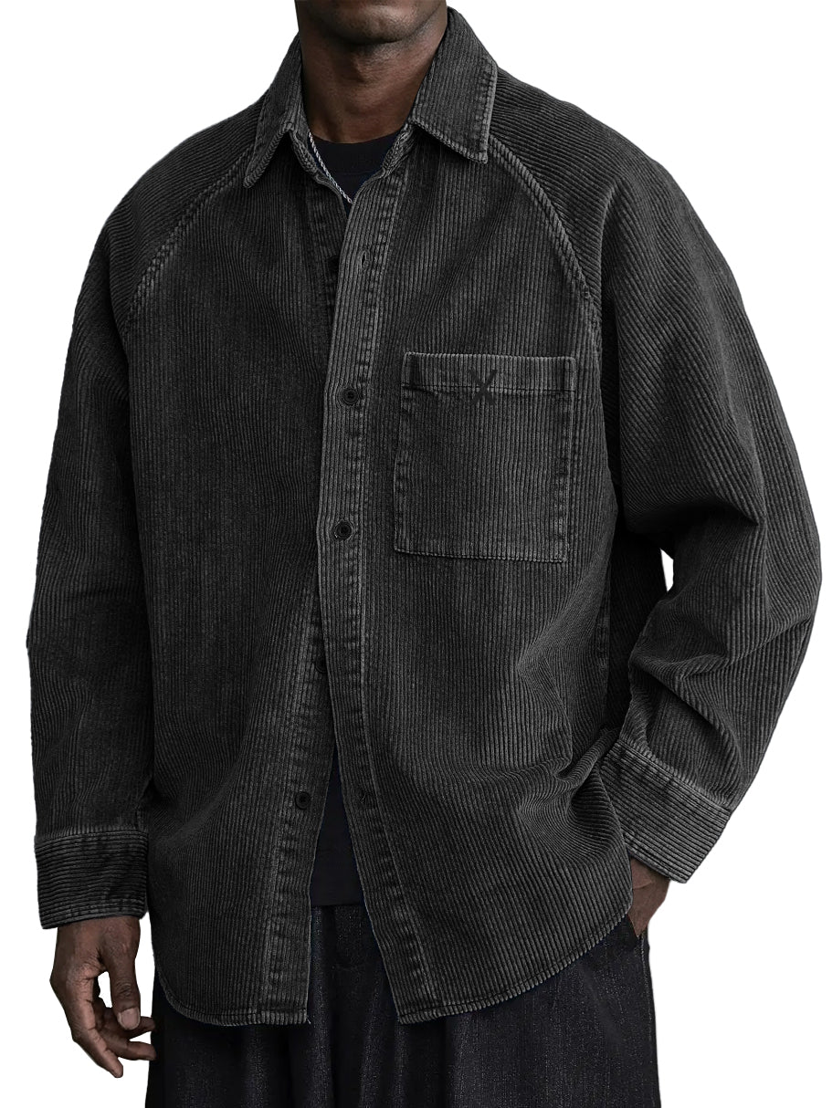 Men's Casual Vintage Pocket X Embroidered Corduroy Long Sleeved Shirt
