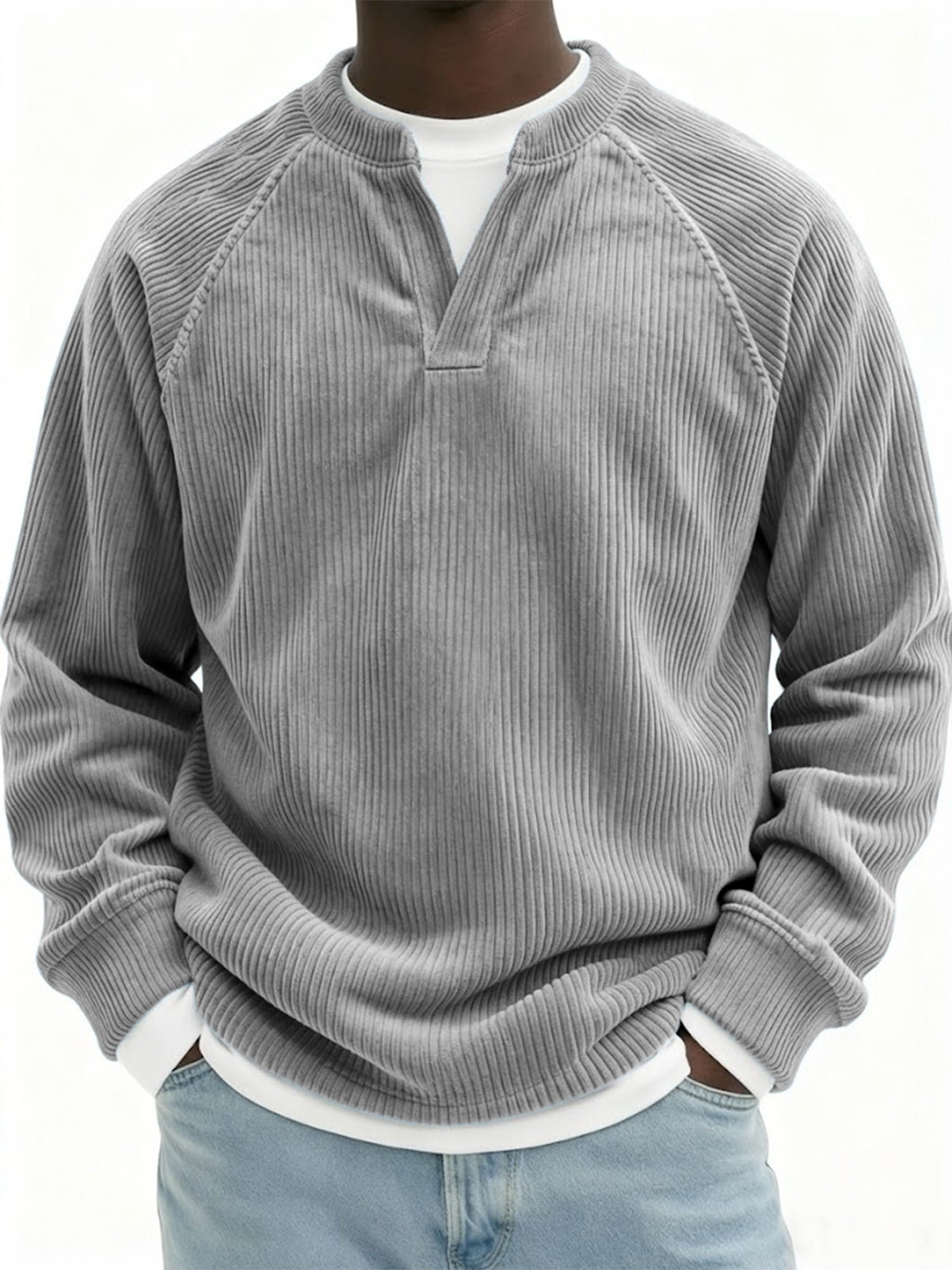 Men's Stylish Faux Two-Piece Corduroy Vintage Raglan Pullover Top