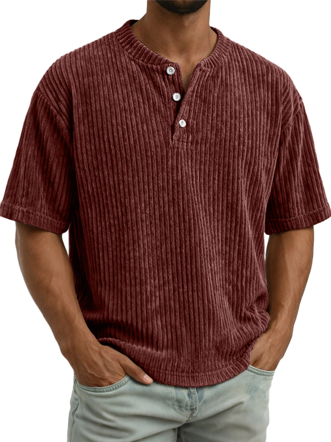 Men's Vintage Corduroy Casual Solid Color Short-sleeved Henley Shirt