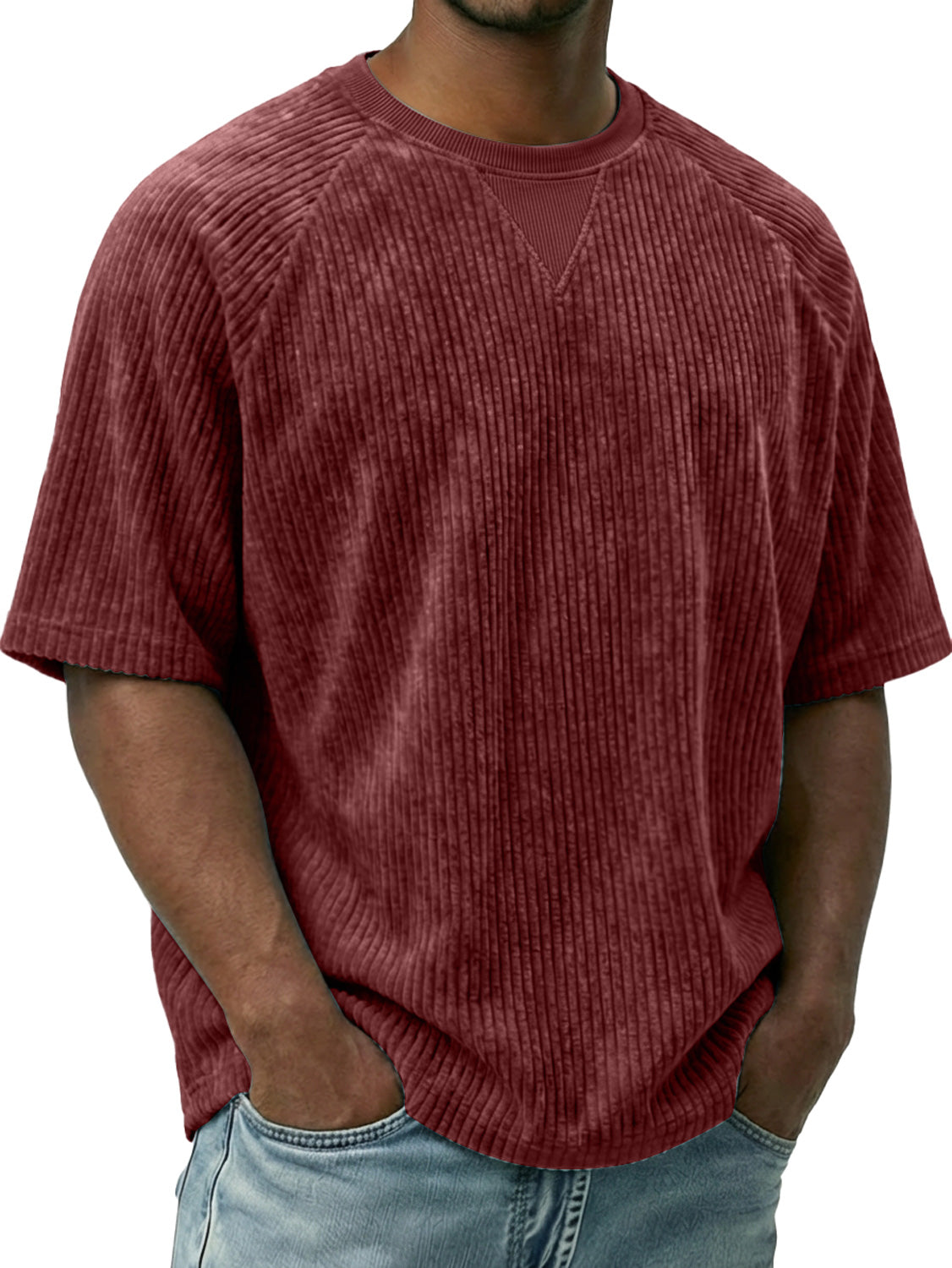 Men's Vintage Corduroy Crew Neck Short-sleeved T-shirt With Inverted Triangle Desi