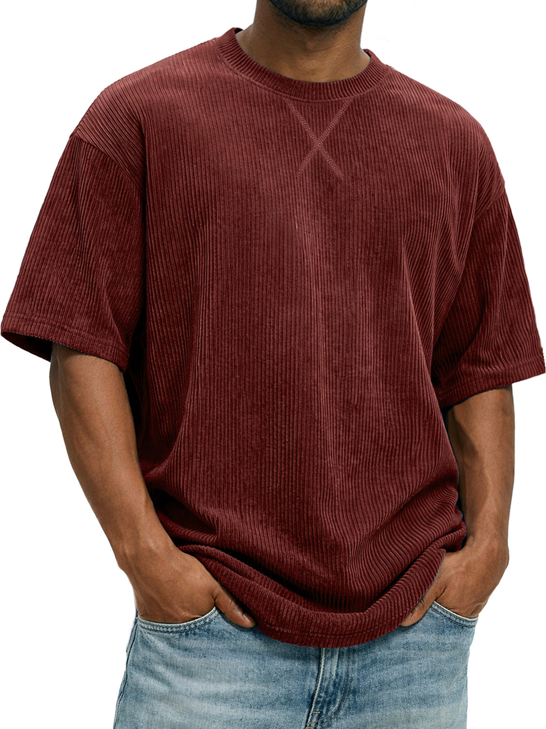 Men's Vintage Corduroy Short-sleeved T-shirt With Cross-stitch Design