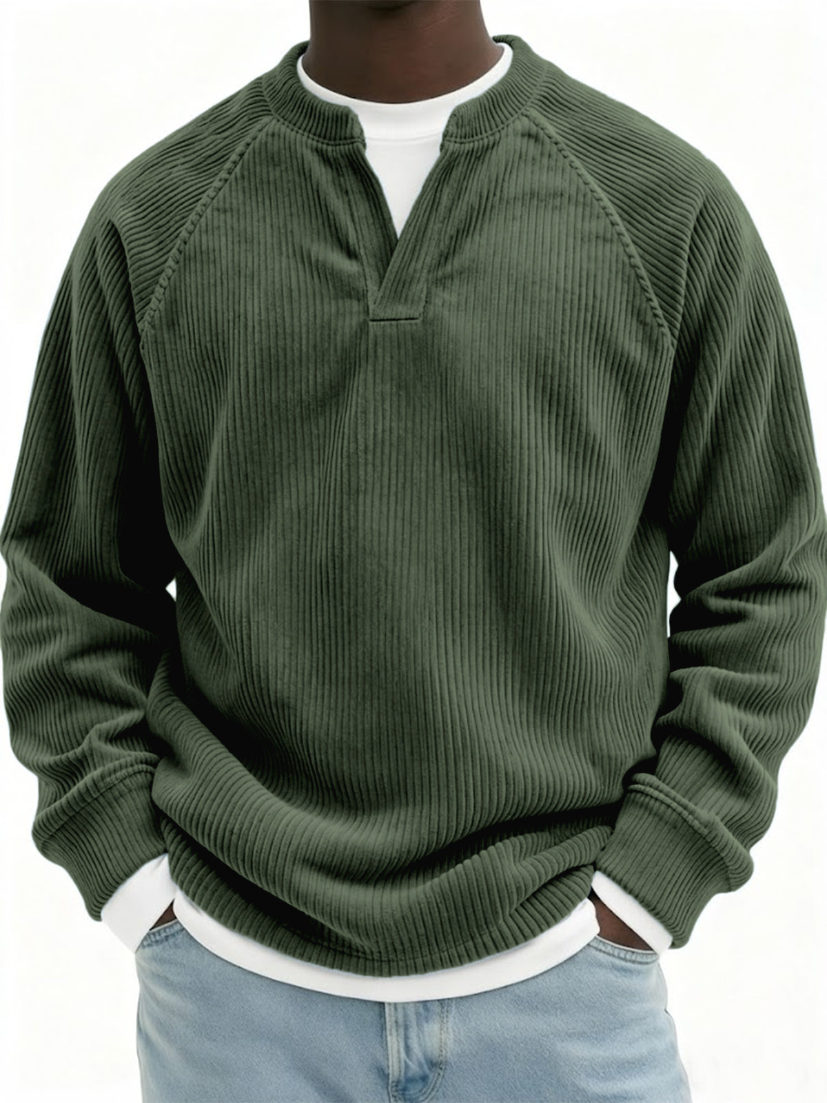 Men's Stylish Faux Two-Piece Corduroy Vintage Raglan Pullover Top