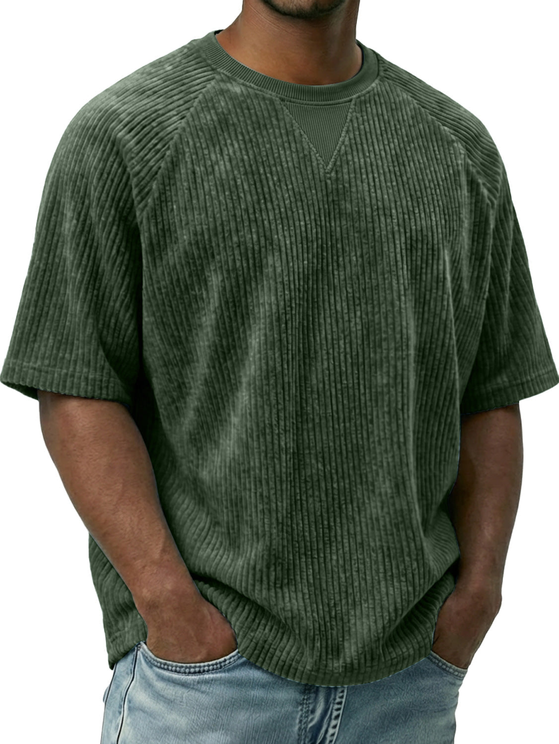 Men's Vintage Corduroy Crew Neck Short-sleeved T-shirt With Inverted Triangle Desi