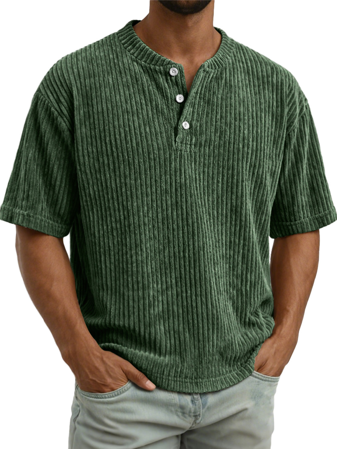 Men's Vintage Corduroy Casual Solid Color Short-sleeved Henley Shirt