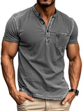 Men's Vintage Outdoor Distressed Short Sleeve Pocket Henley Shirt 