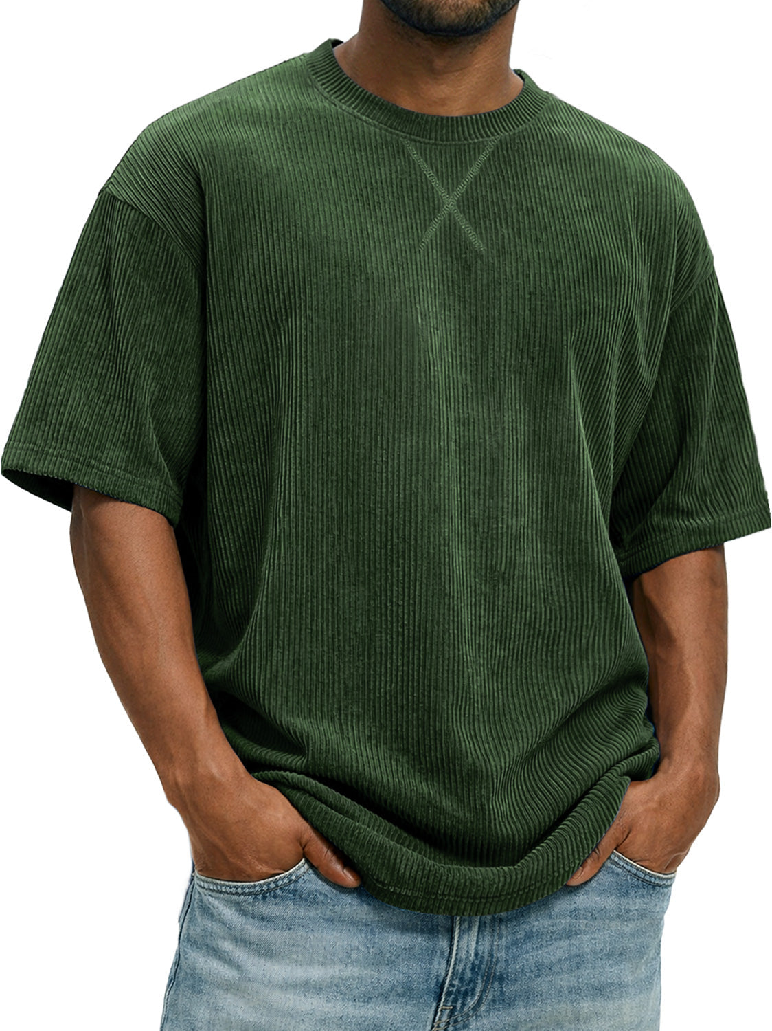 Men's Vintage Corduroy Short-sleeved T-shirt With Cross-stitch Design