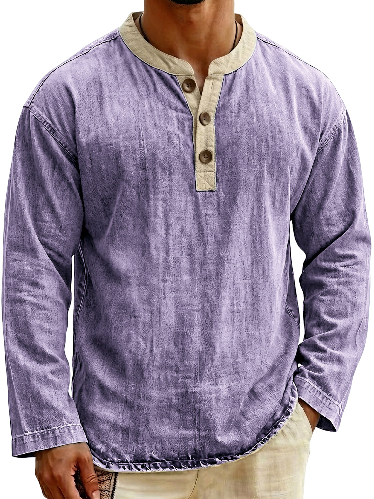 Men's Stylish Vintage Color-blocked Collar Pullover Henley Top
