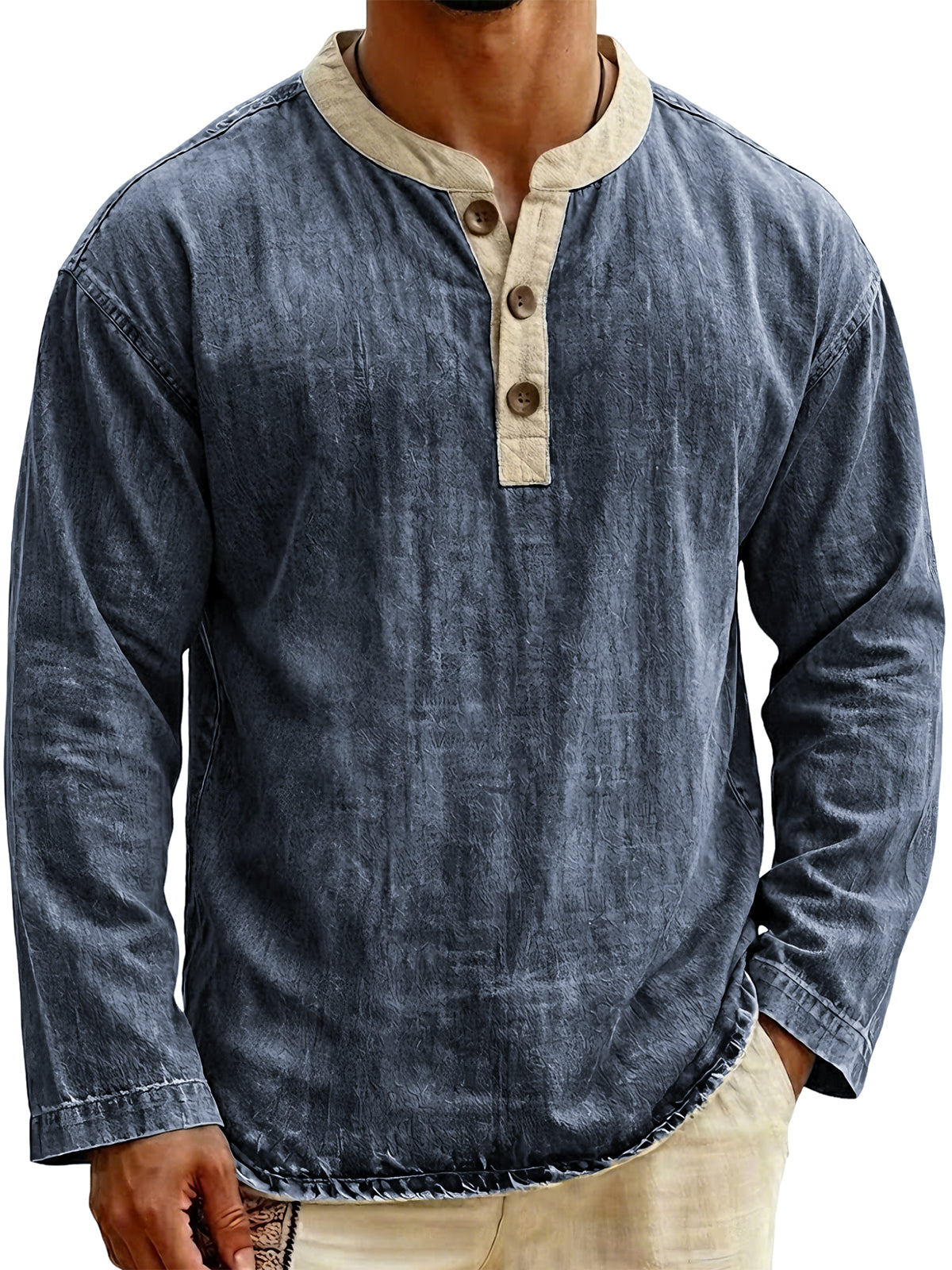Men's Stylish Vintage Color-blocked Collar Pullover Henley Top