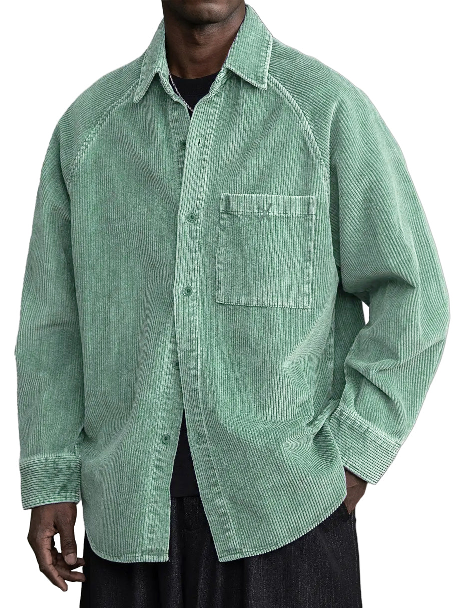 Men's Casual Vintage Pocket X Embroidered Corduroy Long Sleeved Shirt