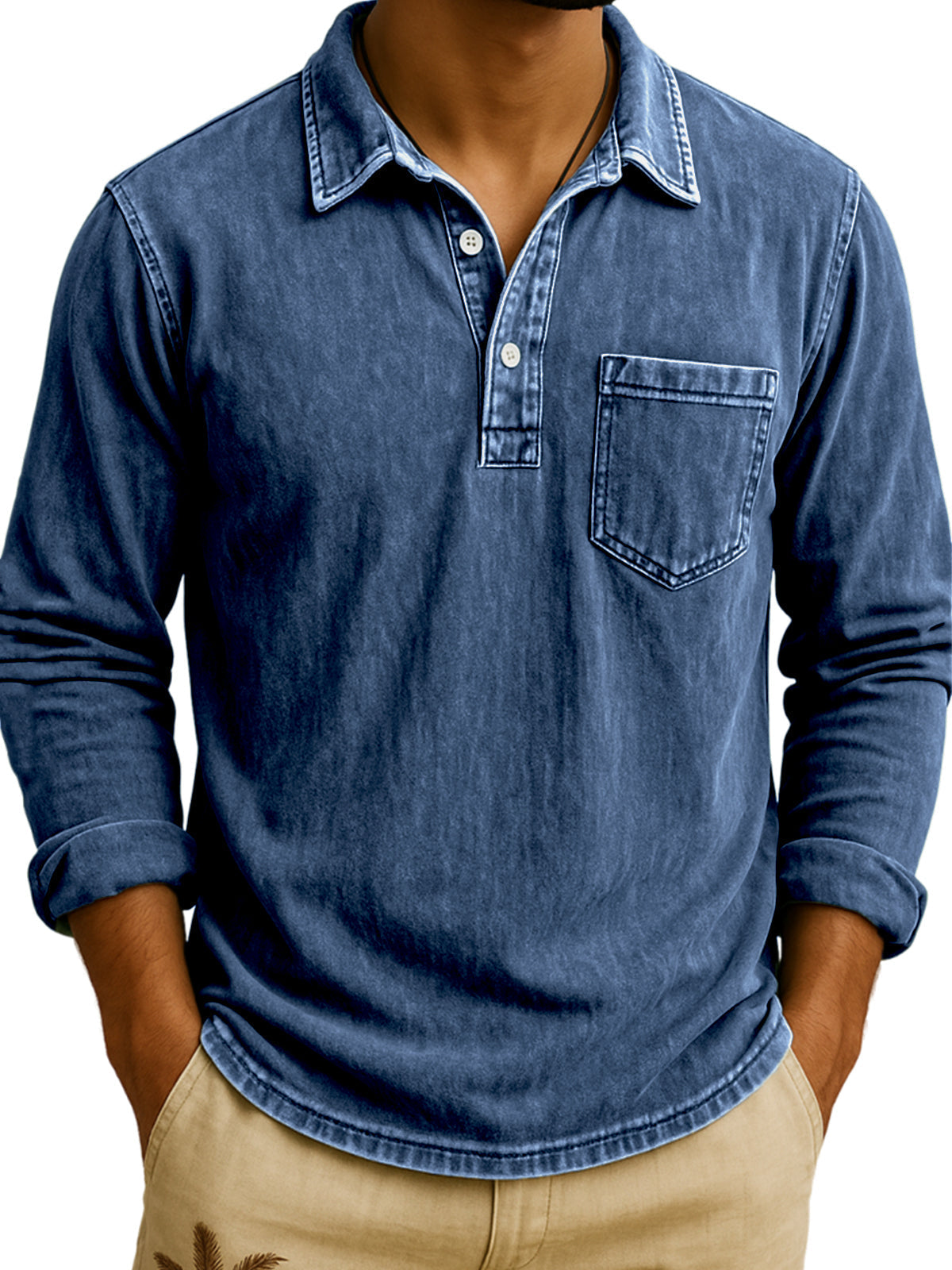 Men's Vintage Long Sleeve Polo Shirt with Chest Pocket